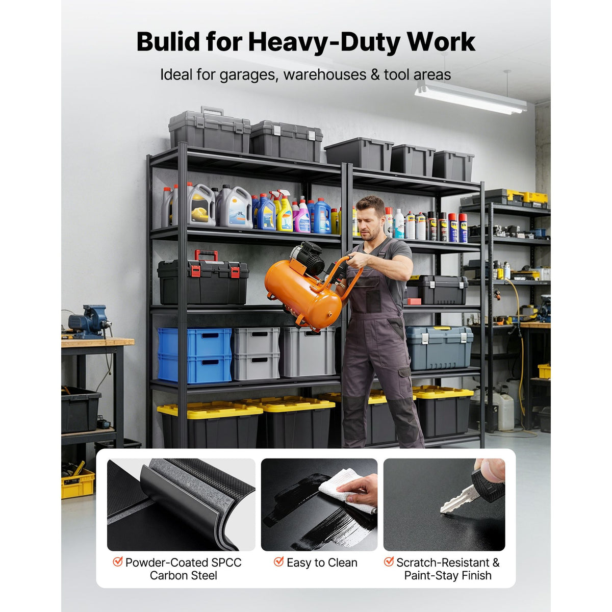 Storage Shelves, 5-Tier Adjustable, 3000 lbs Capacity, Heavy Duty Garage Storage Shelving Unit, Metal Utility Rack Shelf, for Garage Workshop Warehouse Basement, 59.49" W x 20.55" D x 71.38" H