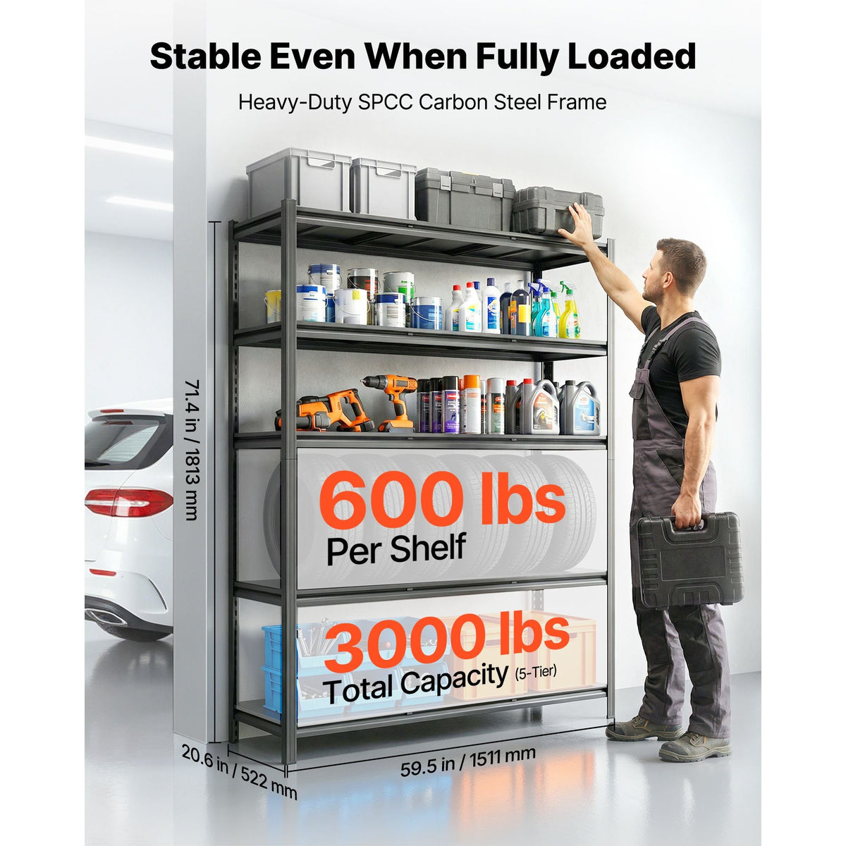 Storage Shelves, 5-Tier Adjustable, 3000 lbs Capacity, Heavy Duty Garage Storage Shelving Unit, Metal Utility Rack Shelf, for Garage Workshop Warehouse Basement, 59.49" W x 20.55" D x 71.38" H