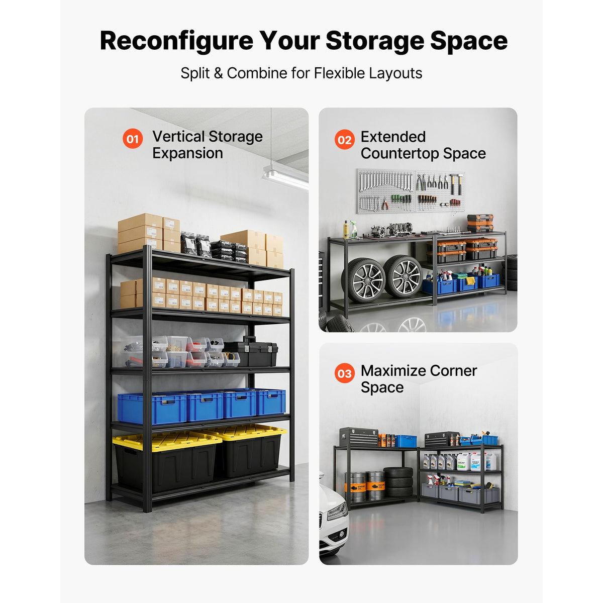 Storage Shelves, 5-Tier Adjustable, 3000 lbs Capacity, Heavy Duty Garage Storage Shelving Unit, Metal Utility Rack Shelf, for Garage Workshop Warehouse Basement, 59.49" W x 20.55" D x 71.38" H