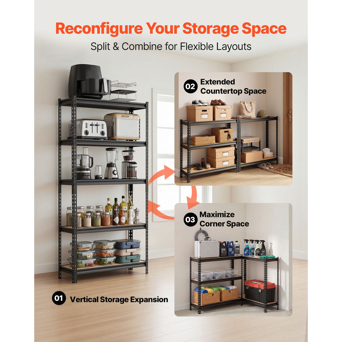 Storage Shelves, 5-Tier Adjustable, 3000 lbs Capacity, Heavy Duty Garage Storage Shelving Unit, Metal Utility Rack Shelf, for Kitchen Pantry Basement Bathroom, 36.34" W x 12.17" D x 71.38" H