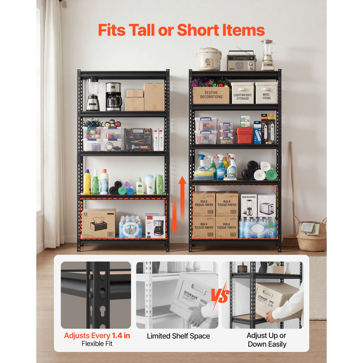 Storage Shelves, 5-Tier Adjustable, 3000 lbs Capacity, Heavy Duty Garage Storage Shelving Unit, Metal Utility Rack Shelf, for Kitchen Pantry Basement Bathroom, 36.34" W x 12.17" D x 71.38" H
