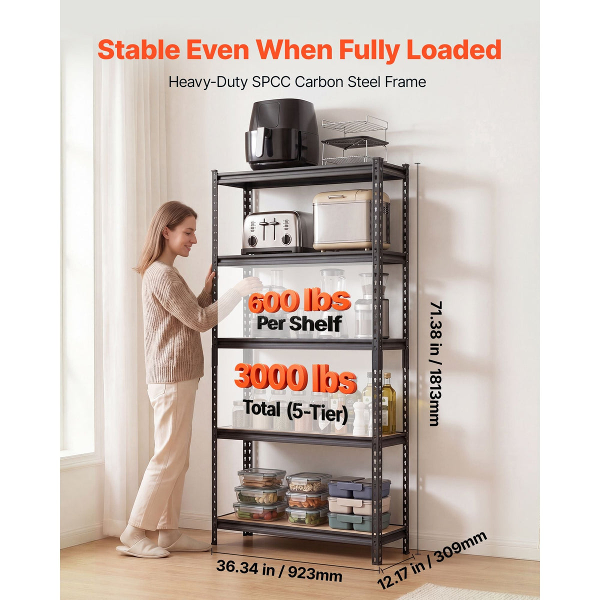 Storage Shelves, 5-Tier Adjustable, 3000 lbs Capacity, Heavy Duty Garage Storage Shelving Unit, Metal Utility Rack Shelf, for Kitchen Pantry Basement Bathroom, 36.34" W x 12.17" D x 71.38" H