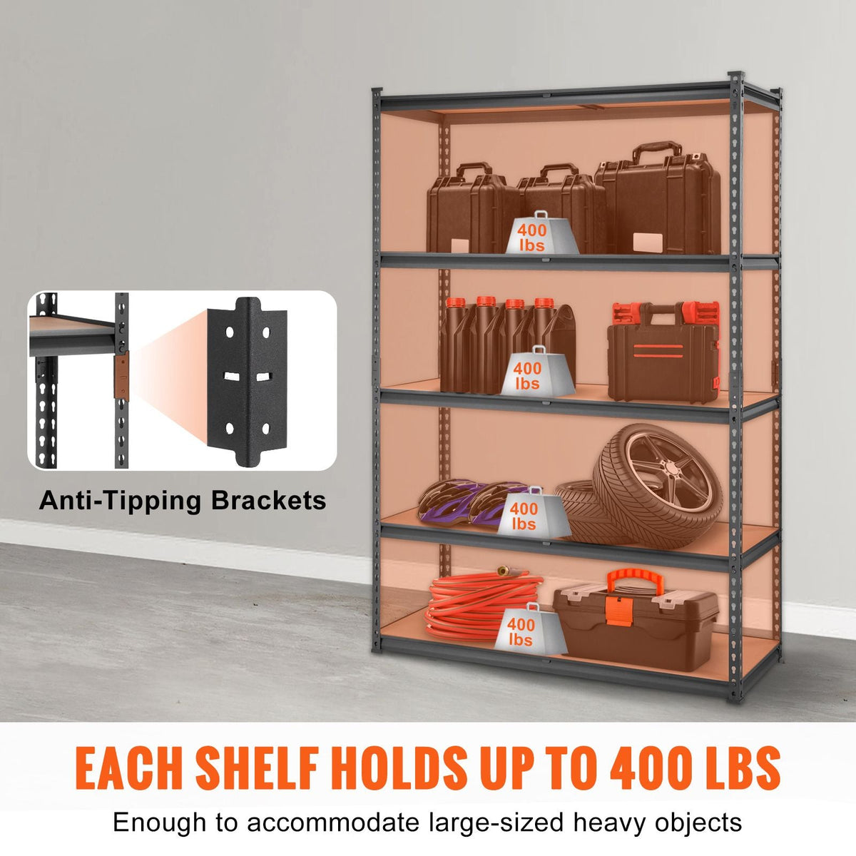 Storage Shelving Unit, 5-Tier Adjustable, 2000 lbs Capacity, Heavy Duty Garage Shelves Metal Organizer Utility Rack, Black, 18" D x 48" W x 72" H for Kitchen Pantry Basement Bathroom Laundry