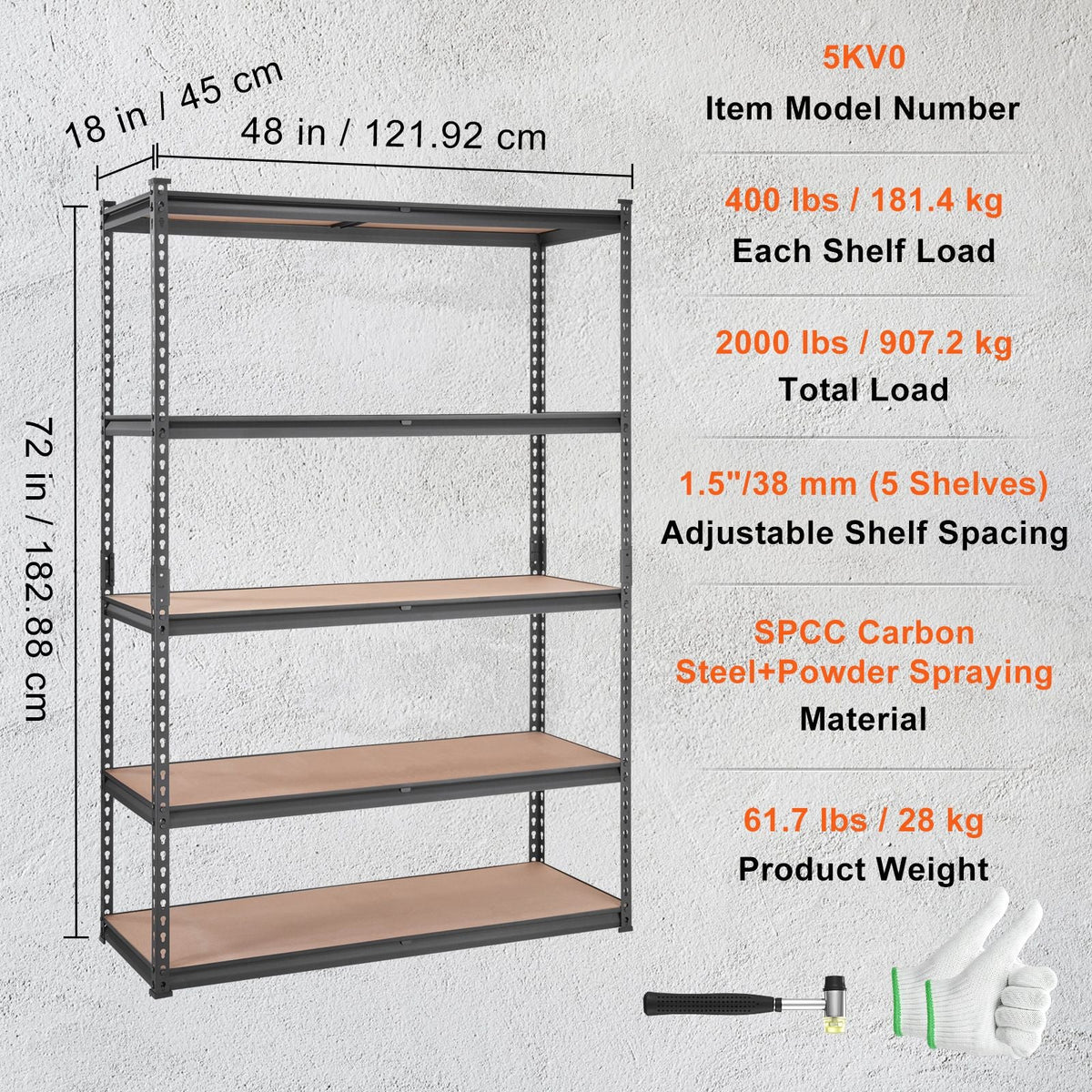 Storage Shelving Unit, 5-Tier Adjustable, 2000 lbs Capacity, Heavy Duty Garage Shelves Metal Organizer Utility Rack, Black, 18" D x 48" W x 72" H for Kitchen Pantry Basement Bathroom Laundry