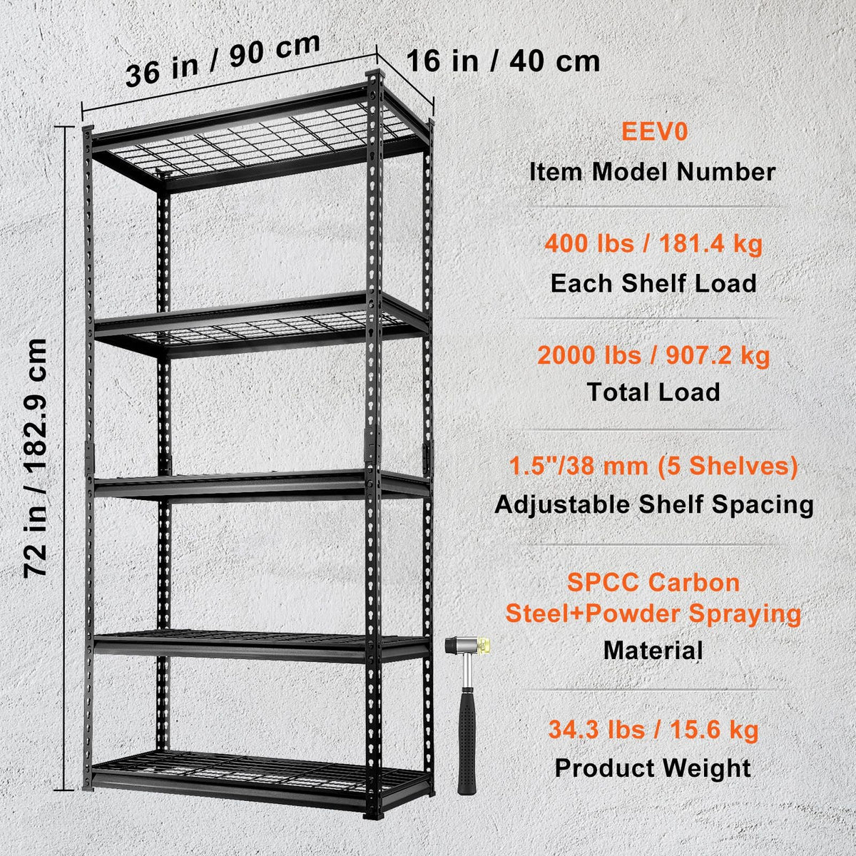 Storage Shelving Unit, 5-Tier Adjustable, 2000 lbs Capacity, Heavy Duty Garage Shelves Metal Organizer Wire Rack, Black, 36" L x 16" W x 72" H for Kitchen Pantry Basement Bathroom Laundry Closet