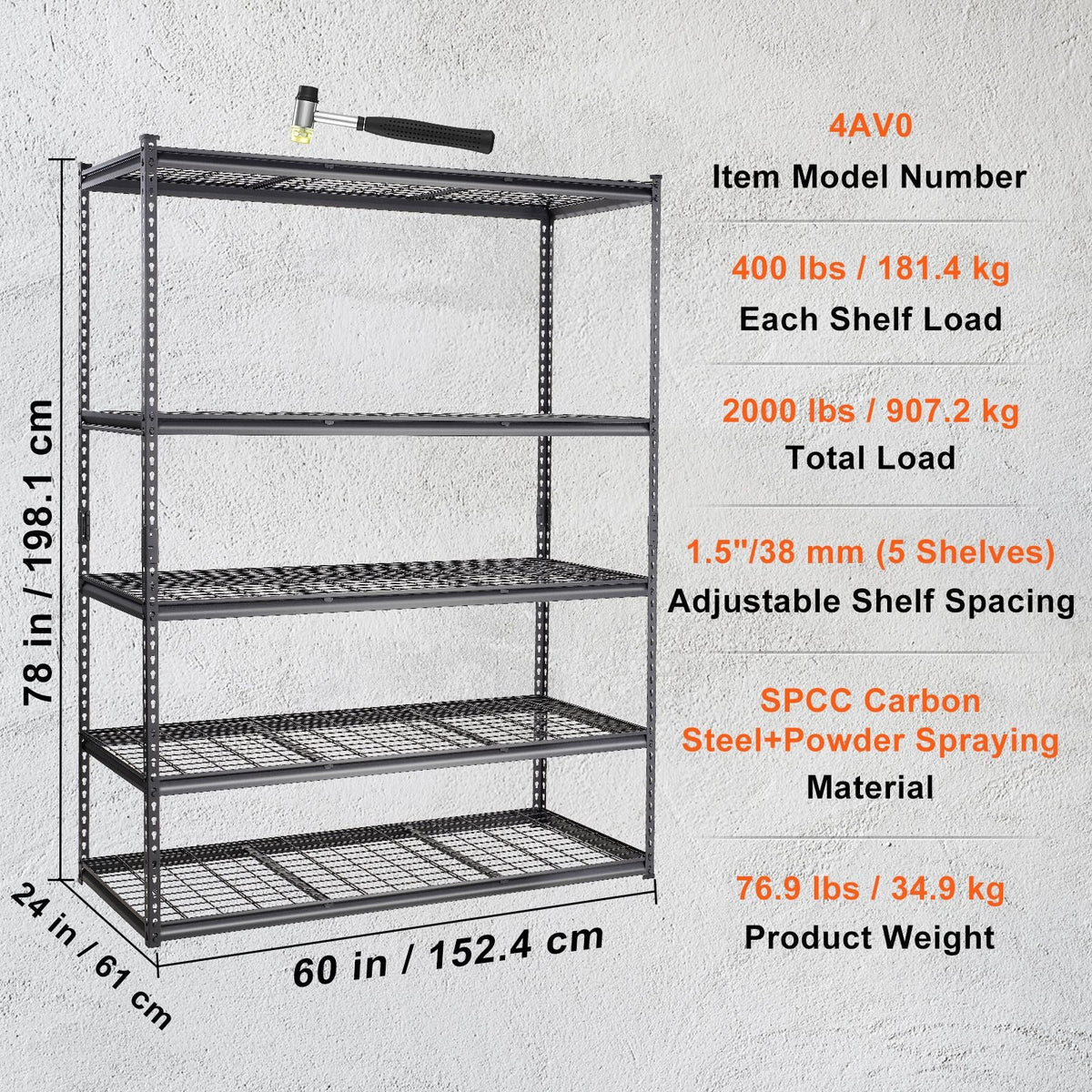 Storage Shelving Unit, 5-Tier Adjustable, 2000 lbs Capacity, Heavy Duty Garage Shelves Metal Organizer Wire Rack, Black, 60" L x 24" W x 78" H for Kitchen Pantry Basement Bathroom Laundry Closet