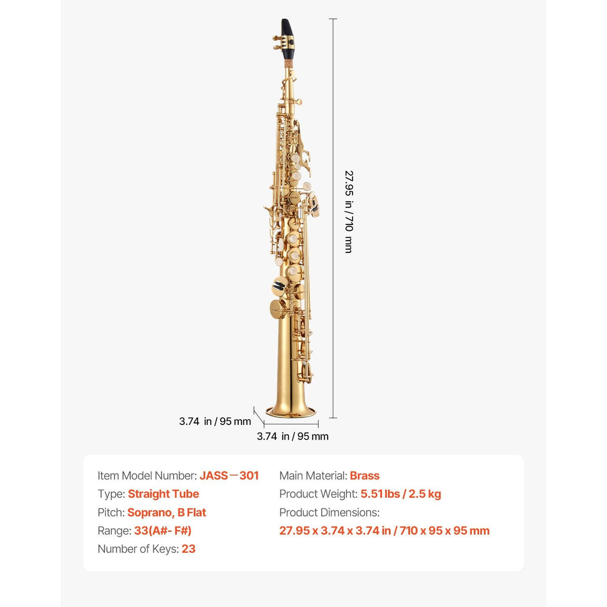 Straight Soprano Saxophone, B Flat, Brass Saxophone Beginner Kit with Carrying Case, Mouthpiece, Cleaning Cloth Rod, Gloves, Neck Strap, 23 Keys Soprano Sax Kit, for Beginners Students, Gold