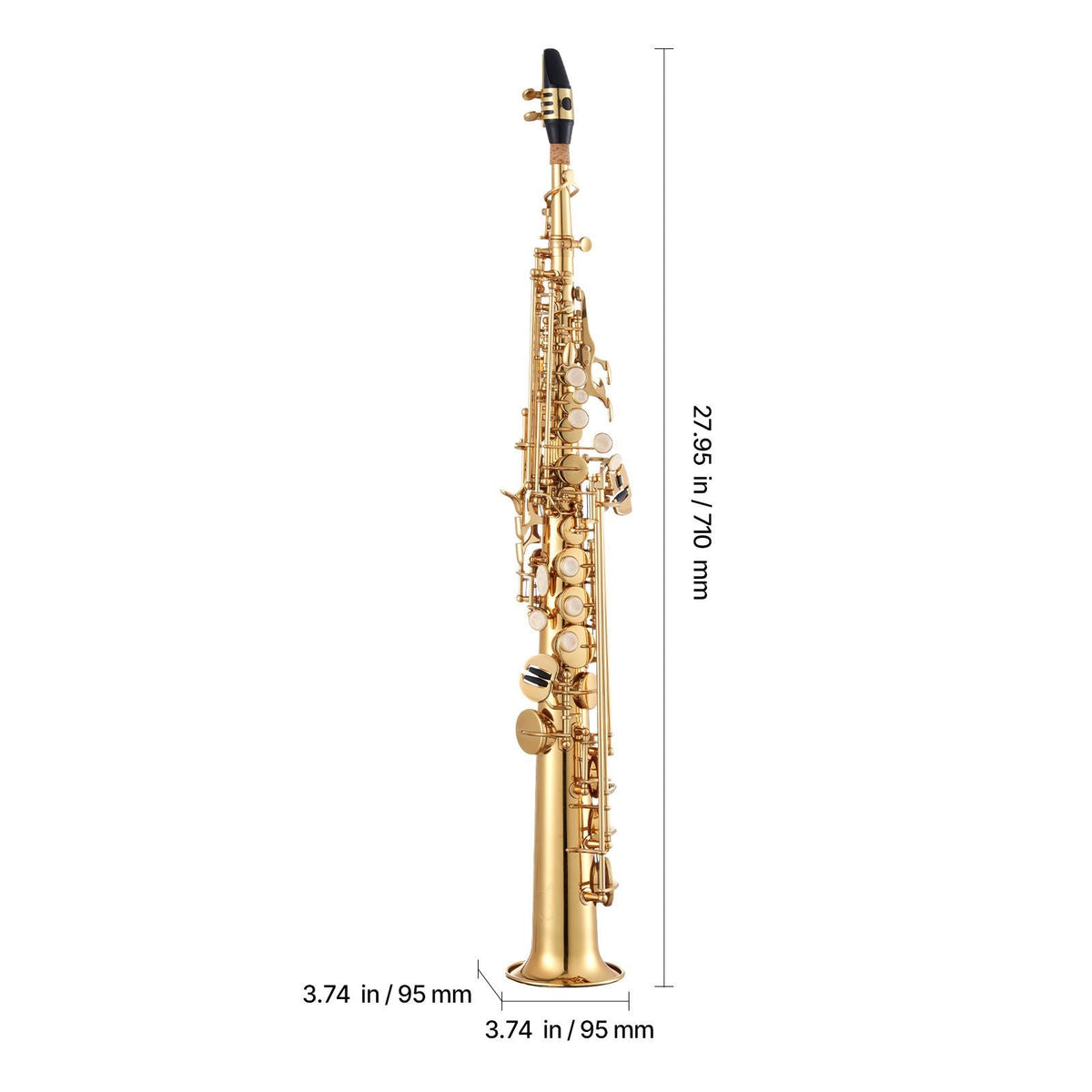 Straight Soprano Saxophone, B Flat, Brass Saxophone Beginner Kit with Carrying Case, Mouthpiece, Cleaning Cloth Rod, Gloves, Neck Strap, 23 Keys Soprano Sax Kit, for Beginners Students, Gold