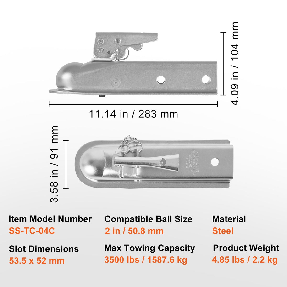 Straight Trailer Coupler, for 2-Inch Hitch Ball, 2-Inch Channel, 3500 lbs Capacity, Heavy Duty Trailer Tongue Coupler, Ideal for Towing Station Wagons, Pickup Trucks, SUVs, Zinc Plated Surface