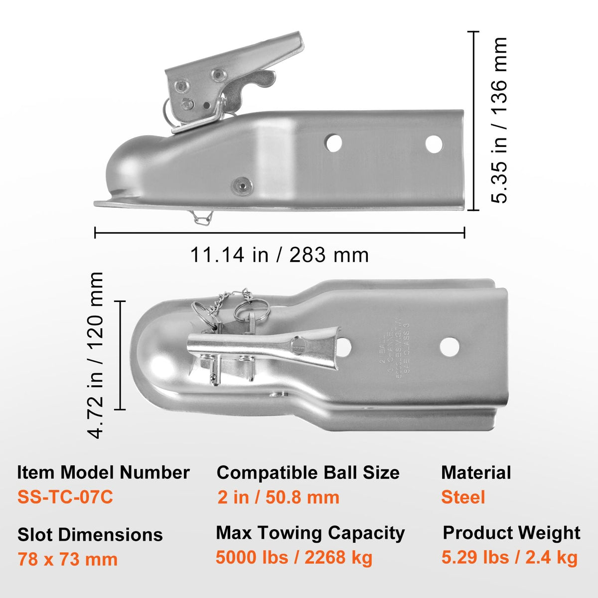 Straight Trailer Coupler, for 2-Inch Hitch Ball, 3-Inch Channel, 5000 lbs Capacity, Heavy Duty Trailer Tongue Coupler, Ideal for Towing Station Wagons, Pickup Trucks, SUVs, Zinc Plated Surface