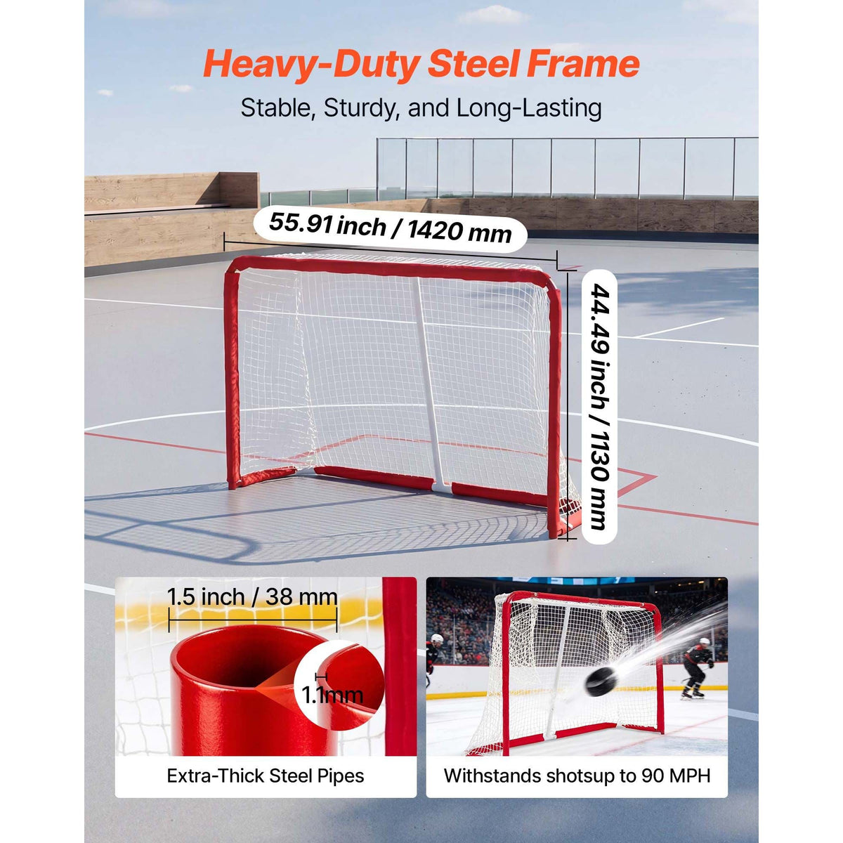 Street Hockey Goal, Heavy-Duty Steel Street + Roller Hockey Nets, Durable Hockey Net for Indoor Outdoor Use, Lightweight Portable Training, Easy Assembly for Backyard Park Garage, 55.9 x 44.5 in