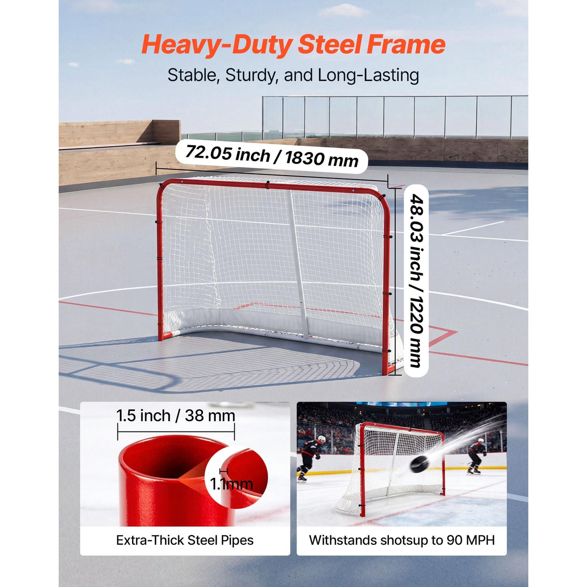 Street Hockey Goal, Heavy-Duty Steel Street + Roller Hockey Nets, Durable Hockey Net for Indoor Outdoor Use, Lightweight Portable Training, Easy Assembly for Backyard Park Garage, 72 x 48 in