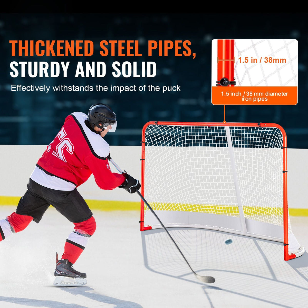 Street Hockey Net, Indoor Outdoor Steel Hockey Goal, Official Regulation Pro Hockey Training Goal Set, Portable Hockey Goal with Net, Easy Assemble, 72" x 48", White/Red
