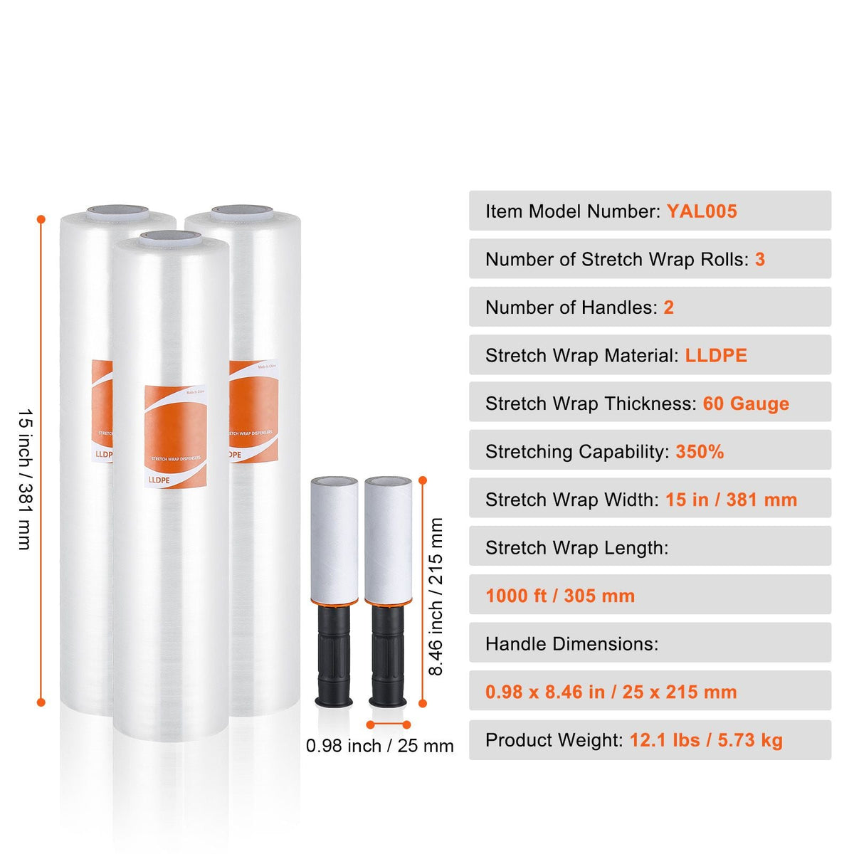 Stretch Film, 15 inches x 1000 feet, 3 Pack, 60 Gauge Industrial Strength Clear Durable Stretch Wrap Roll, Heavy Duty Shrink Film Stretch Wrap with Handles for Pallet Wrapping Shipping Moving