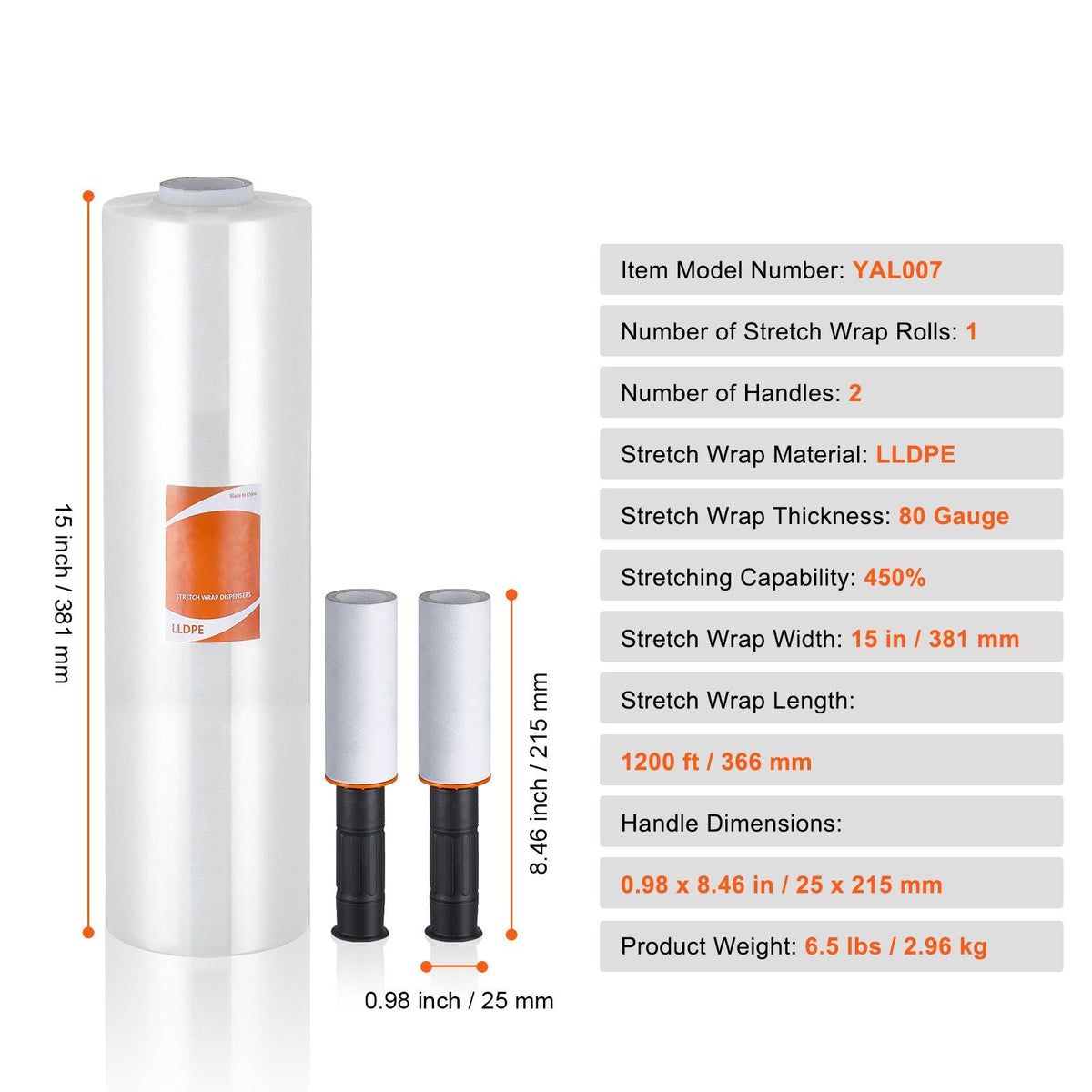 Stretch Film, 15 inches x 1200 feet, 1 Pack, 80 Gauge Industrial Strength Clear Durable Stretch Wrap Roll, Heavy Duty Shrink Film Stretch Wrap with Handles for Pallet Wrapping Shipping Moving