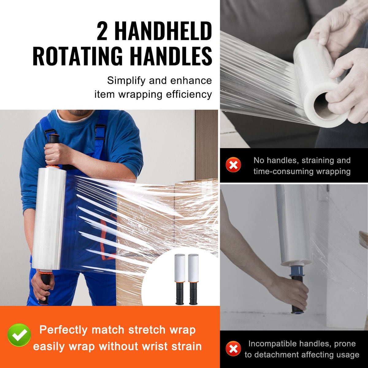 Stretch Film, 15 inches x 1200 feet, 2 Pack, 80 Gauge Industrial Strength Clear Durable Stretch Wrap Roll, Heavy Duty Shrink Film Stretch Wrap with Handles for Pallet Wrapping Shipping Moving