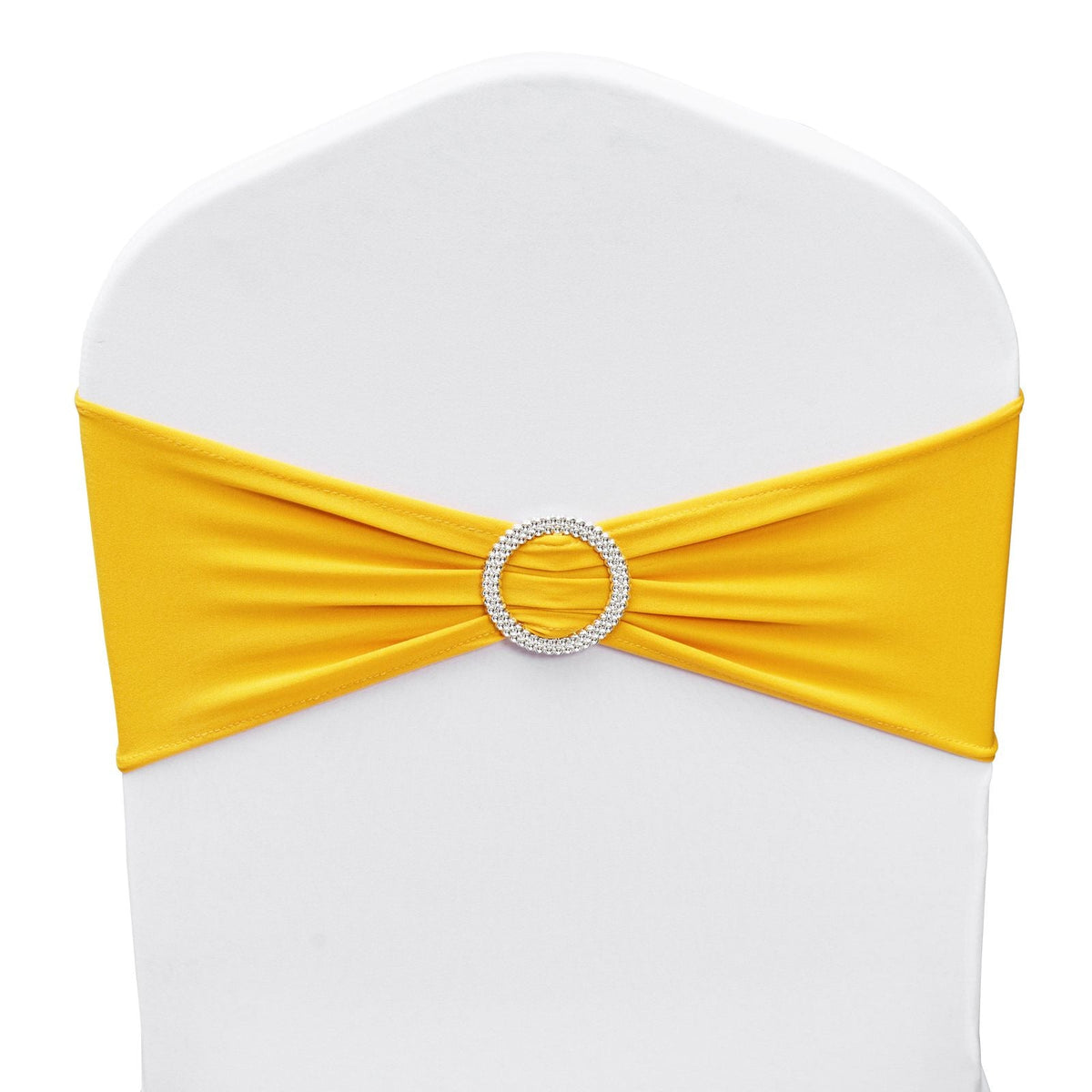 Stretch Spandex Chair Sashes, Chair Slipcover and Stretch Chair Sash with Round Buckle, Elastic Chair Bands, Fitting Wedding, Holiday, Banquet, Party Chair Decoration (100 PCS Golden Yellow)