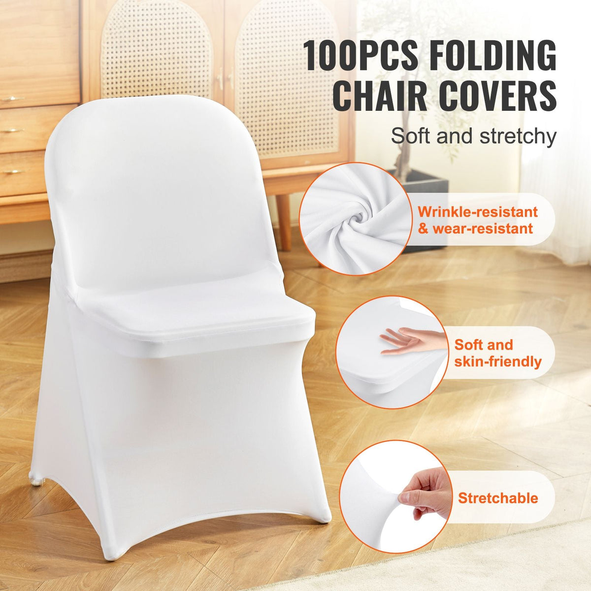 Stretch Spandex Folding Chair Covers, Universal Fitted Chair Cover, Removable Washable Protective Slipcovers, for Wedding, Holiday, Banquet, Party, Celebration, Dining (100PCS White)