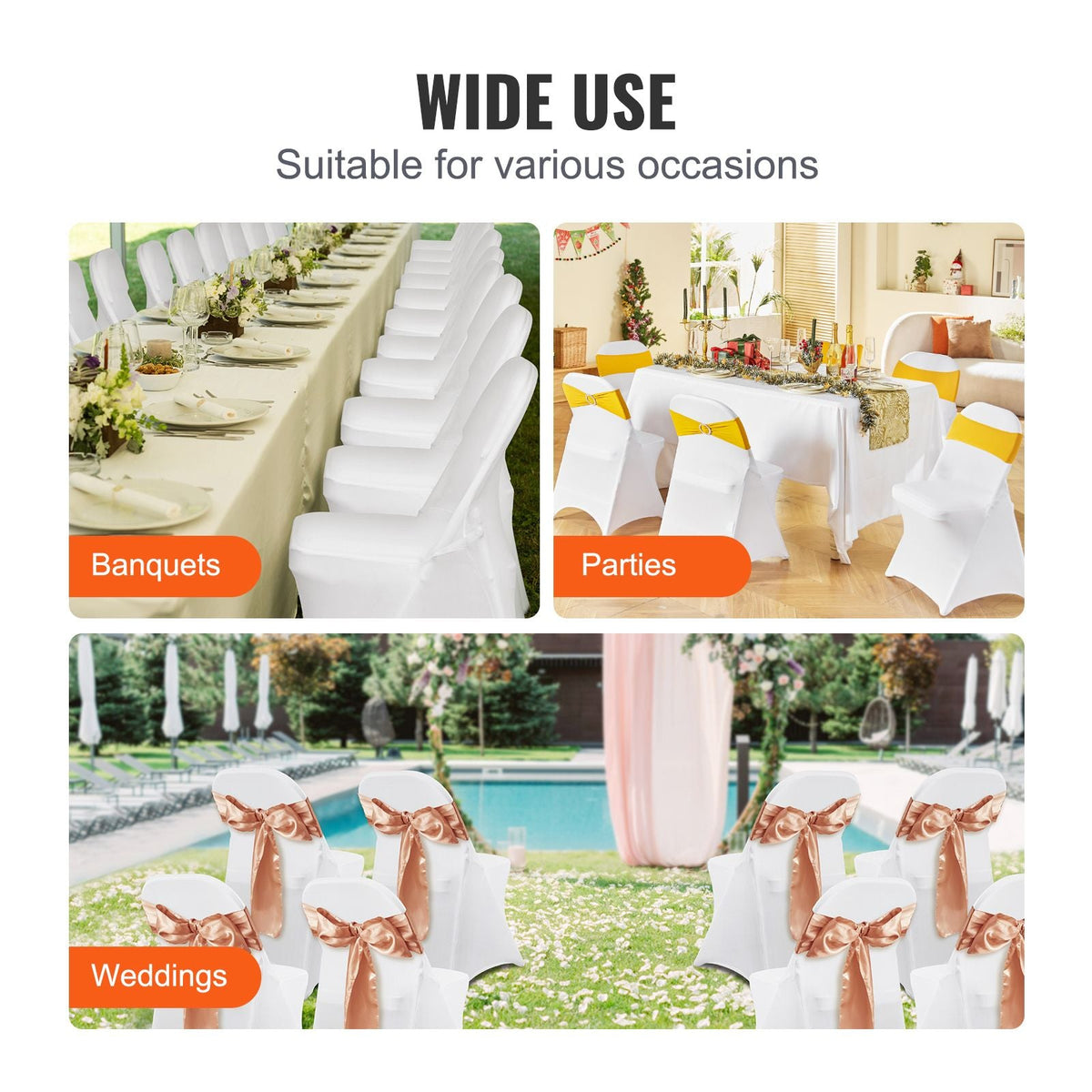 Stretch Spandex Folding Chair Covers, Universal Fitted Chair Cover, Removable Washable Protective Slipcovers, for Wedding, Holiday, Banquet, Party, Celebration, Dining (100PCS White)