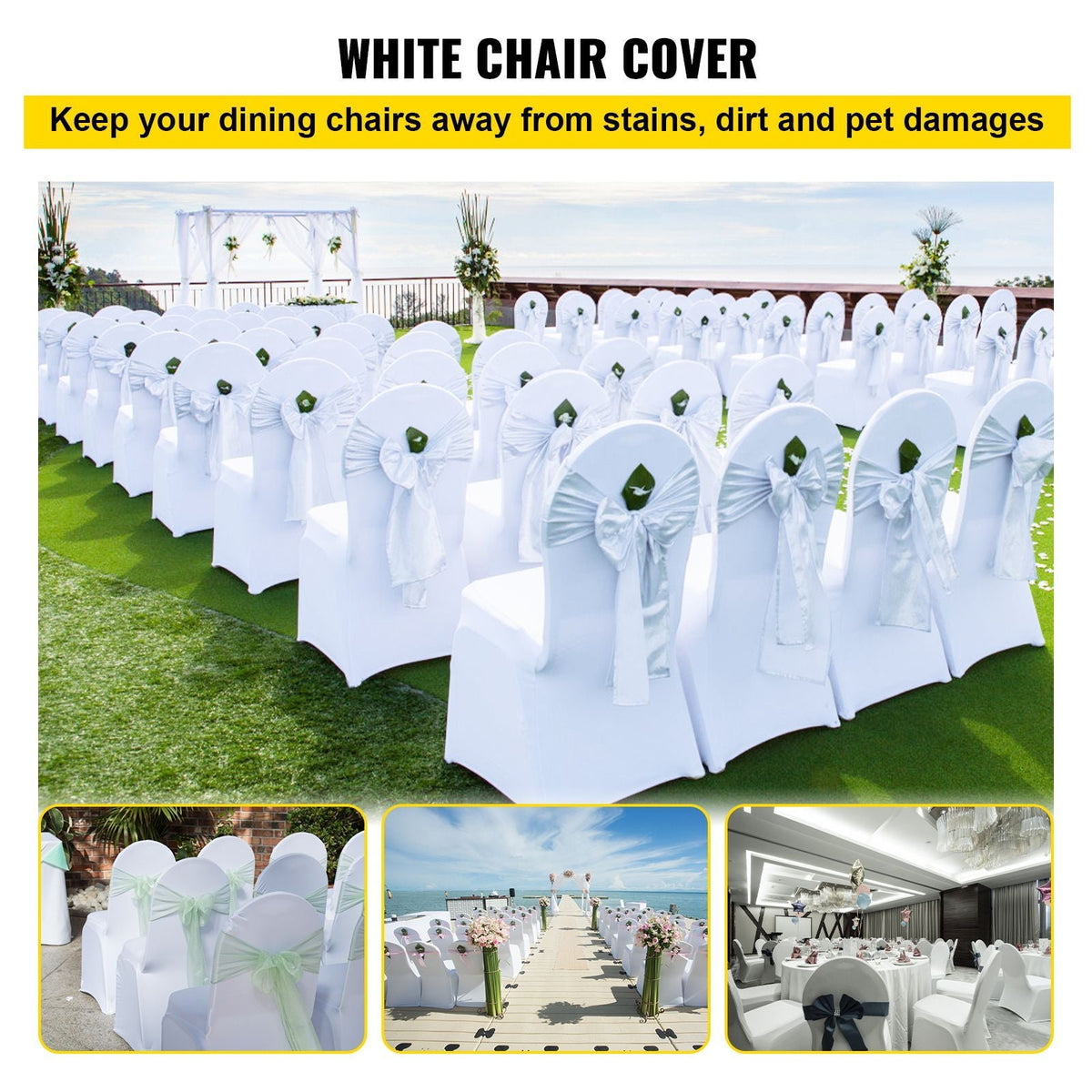 Stretch Spandex Folding Chair Covers, Universal Fitted Chair Cover, Removable Washable Protective Slipcovers, for Wedding, Holiday, Banquet, Party, Celebration, Dining (150PCS White)