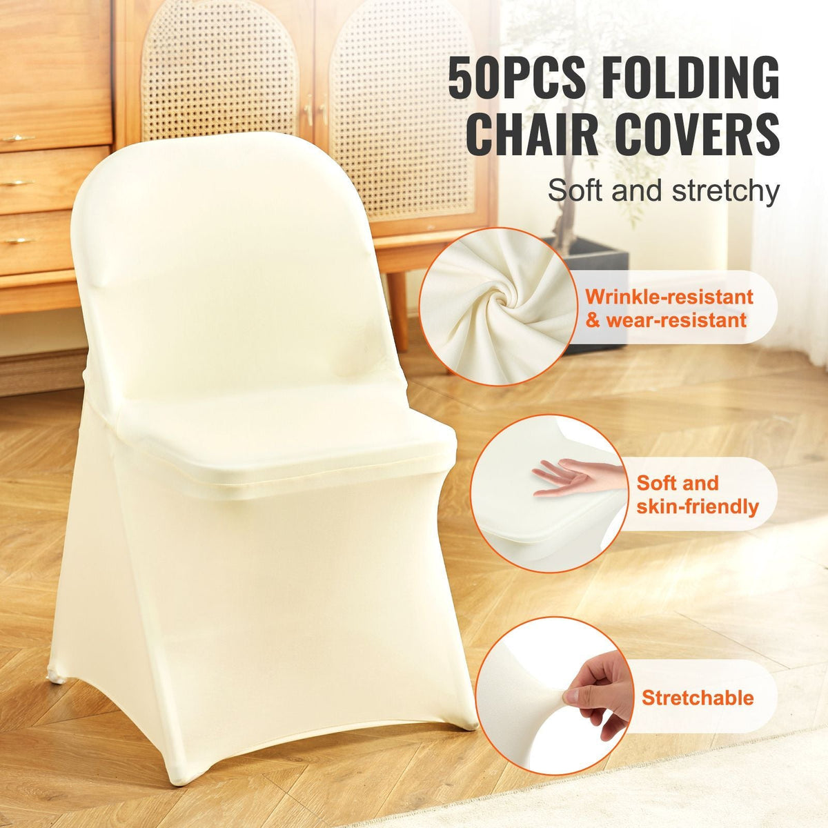 Stretch Spandex Folding Chair Covers, Universal Fitted Chair Cover, Removable Washable Protective Slipcovers, for Wedding, Holiday, Banquet, Party, Celebration, Dining (50PCS Ivory White)