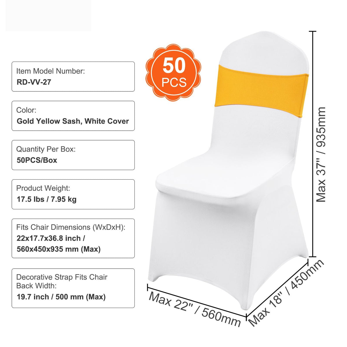 Stretch Spandex Folding Chair Covers, Universal Fitted Chair Cover with Chair Sashes, Removable Washable Protective Slipcovers, for Wedding, Holiday, Banquet, Party, Dining (50 Set Gold & White)
