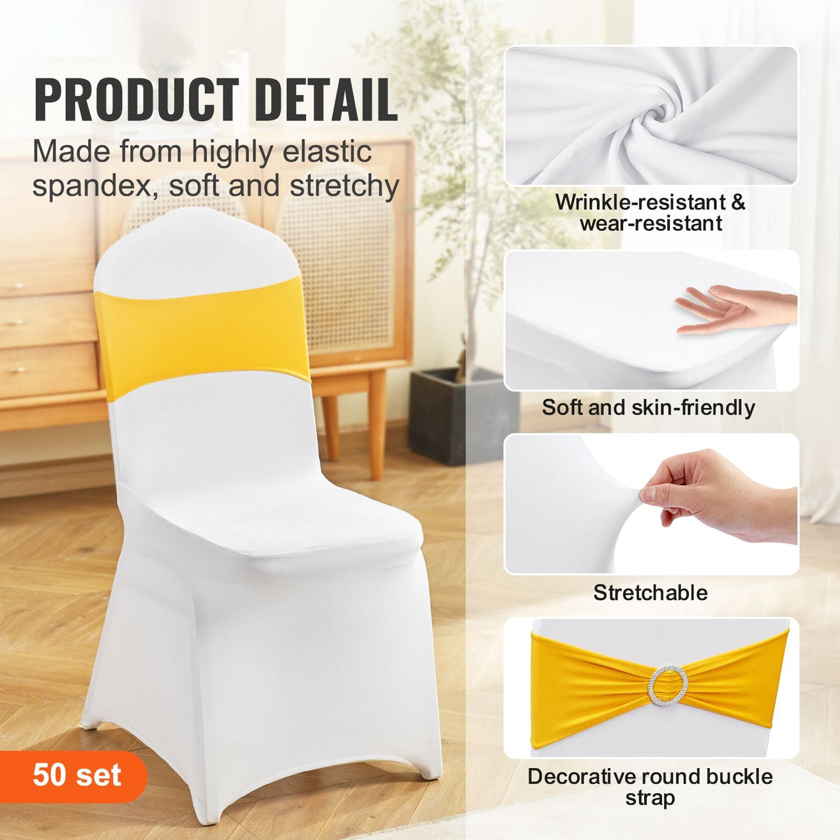 Stretch Spandex Folding Chair Covers, Universal Fitted Chair Cover with Chair Sashes, Removable Washable Protective Slipcovers, for Wedding, Holiday, Banquet, Party, Dining (50 Set Gold & White)