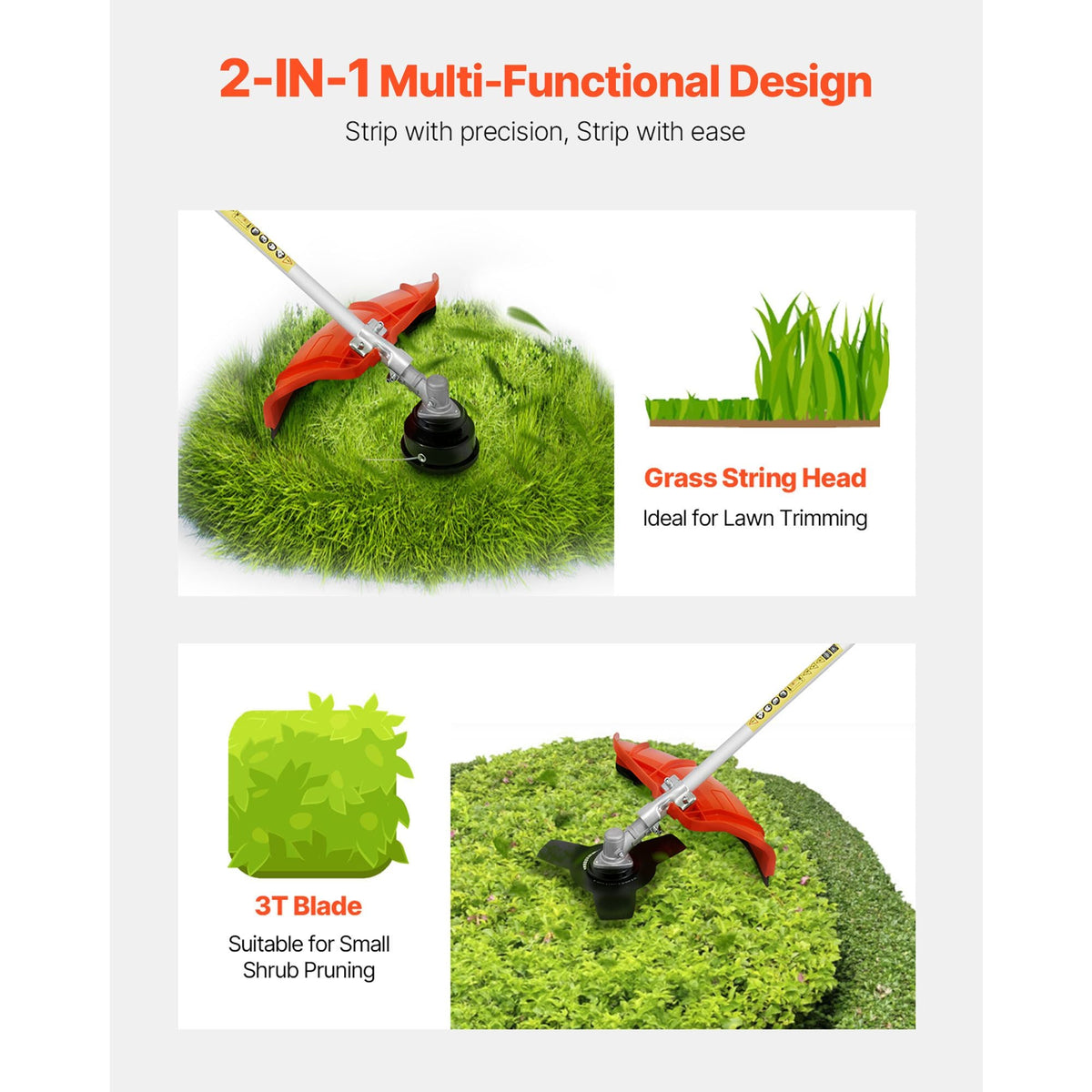 String Trimmer, 26cc 2 in 1 Weed Wacker Gas Powered, 17" Cordless Grass Trimmer with 10" Brush Cutter, Shoulder Strap & 3T Blade, 2-Stroke Heavy-Duty Gas Weed Wacker for Quick Grass Cleaning