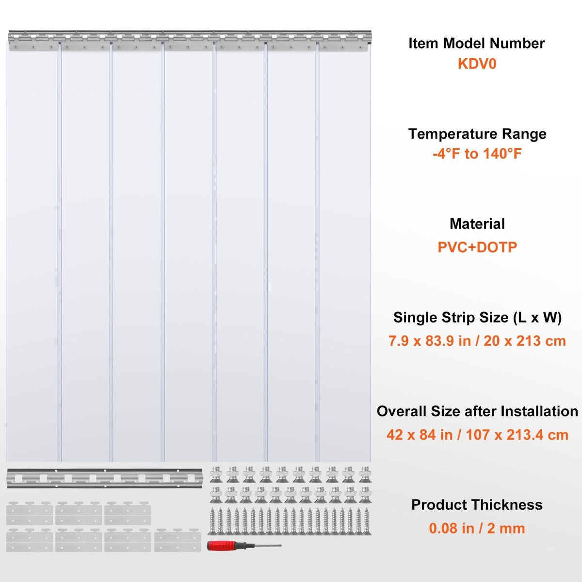 Strip Curtain, 84" Height x 42" Width, 0.08" Thickness, 7PCS Clear PVC Strip Door Curtain, Freezer Curtain, Plastic Door Strips for Walk in Freezers, Coolers & Warehouse Doors, with 50% Overlap