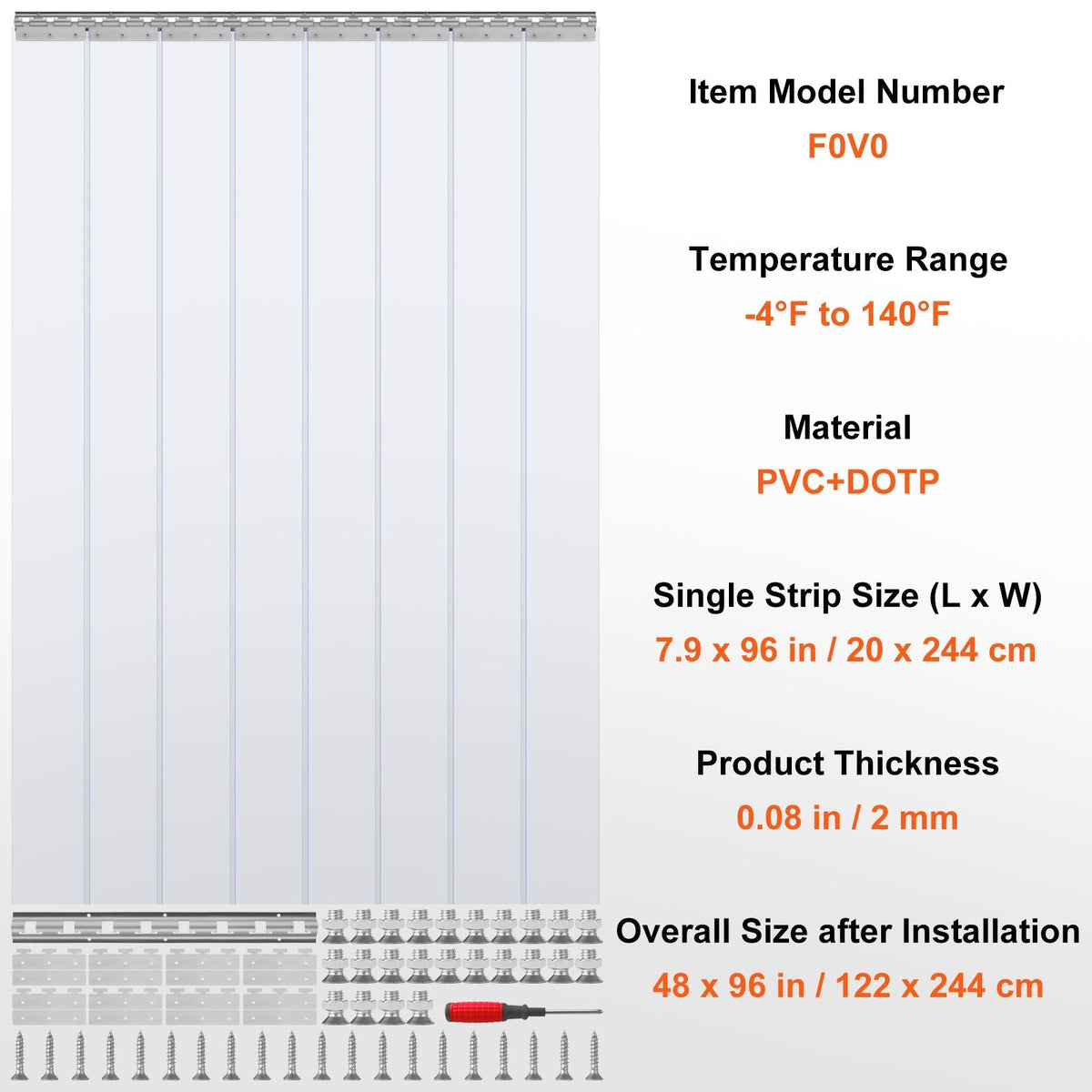 Strip Curtain, 96" Height x 48" Width, 0.08" Thickness, 8PCS Clear PVC Strip Door Curtain, Freezer Curtain, Plastic Door Strips for Walk in Freezers, Coolers & Warehouse Doors, with 50% Overlap