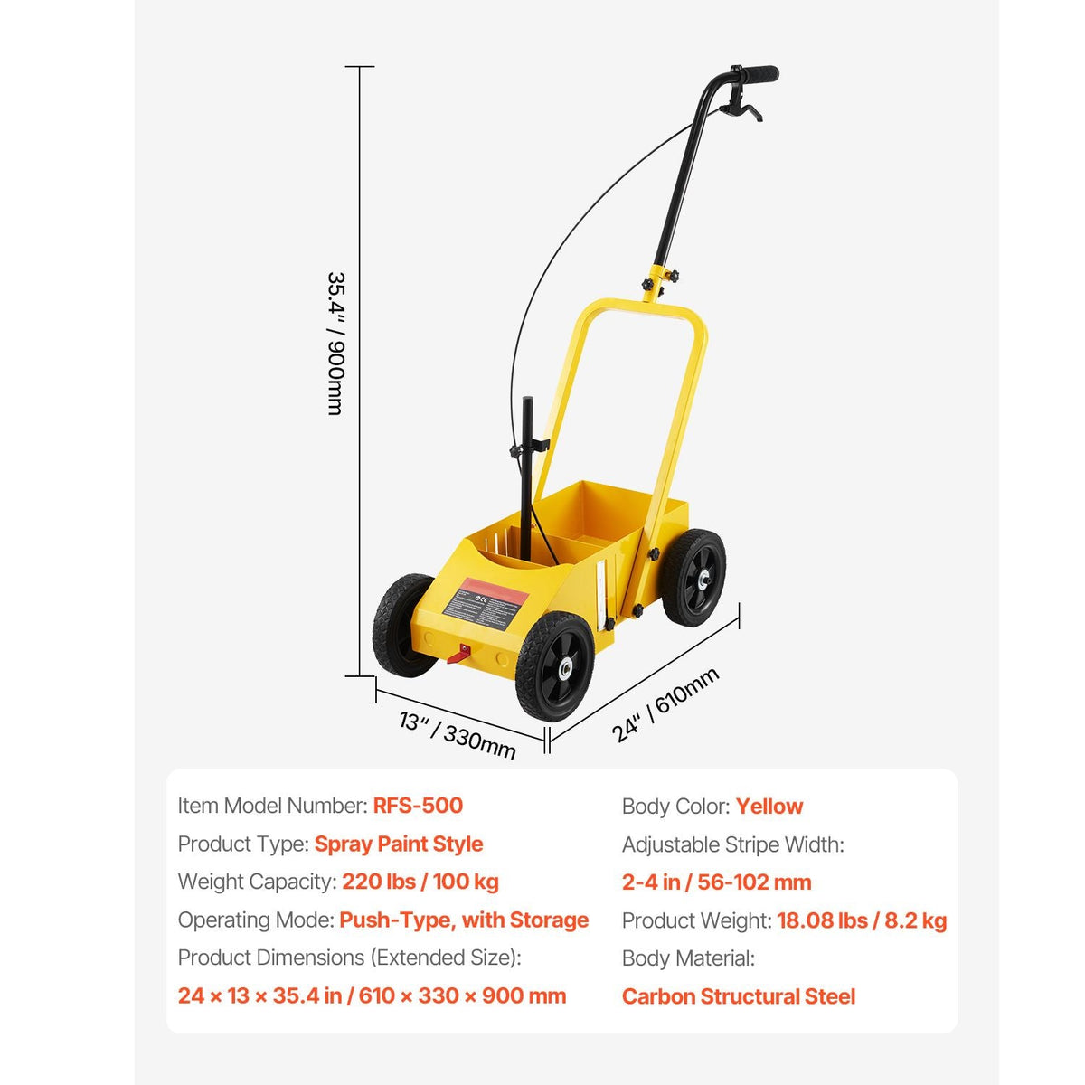 Striping Line Marking Machine, 24 x 13 x 35.4 inch, 4-Wheel, Heavy Duty Striping Line Machine with 2-4 inch Adjustable Width, Make Clear Edge Line for Roads, Parking Lots, Sports Field, Yellow