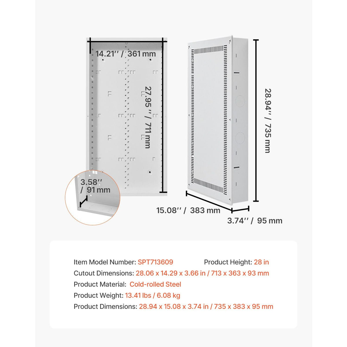 Structured Media Enclosure, 28-Inch, Recessed in-Wall Media Box with Cover, Wall-Mount Cable Management Box Kit, Structured Wiring Multi-Media Cabinet, Cold-Rolled Steel, for TV Home Theater