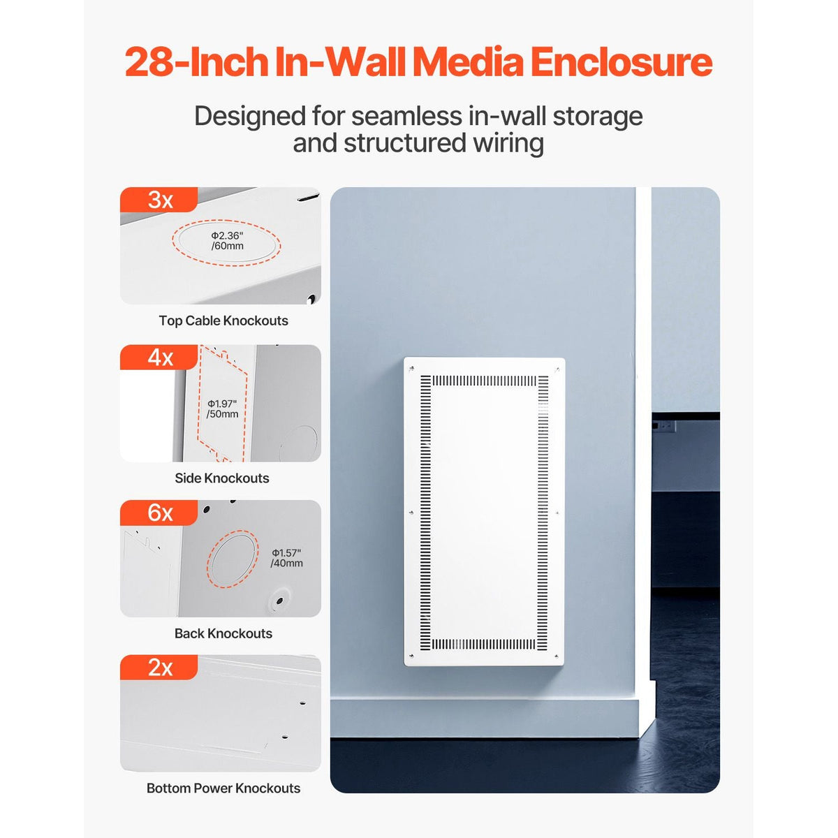 Structured Media Enclosure, 28-Inch, Recessed in-Wall Media Box with Cover, Wall-Mount Cable Management Box Kit, Structured Wiring Multi-Media Cabinet, Cold-Rolled Steel, for TV Home Theater
