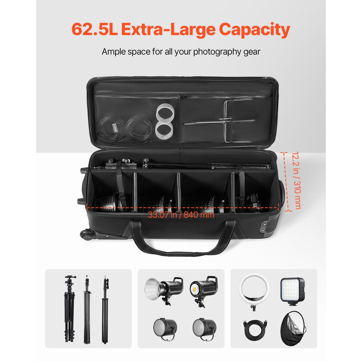 Studio Equipment Trolley Case, 35.83 x 11.81 x 14 in / 91 x 30 x 35.5 cm, Rolling Camera Bag, Carrying Bag with Wheels Straps Padded Compartment Handle, for Light Stands, Tripods, Telescopes