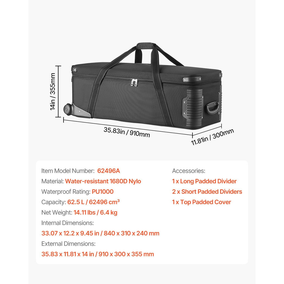 Studio Equipment Trolley Case, 35.83 x 11.81 x 14 in / 91 x 30 x 35.5 cm, Rolling Camera Bag, Carrying Bag with Wheels Straps Padded Compartment Handle, for Light Stands, Tripods, Telescopes