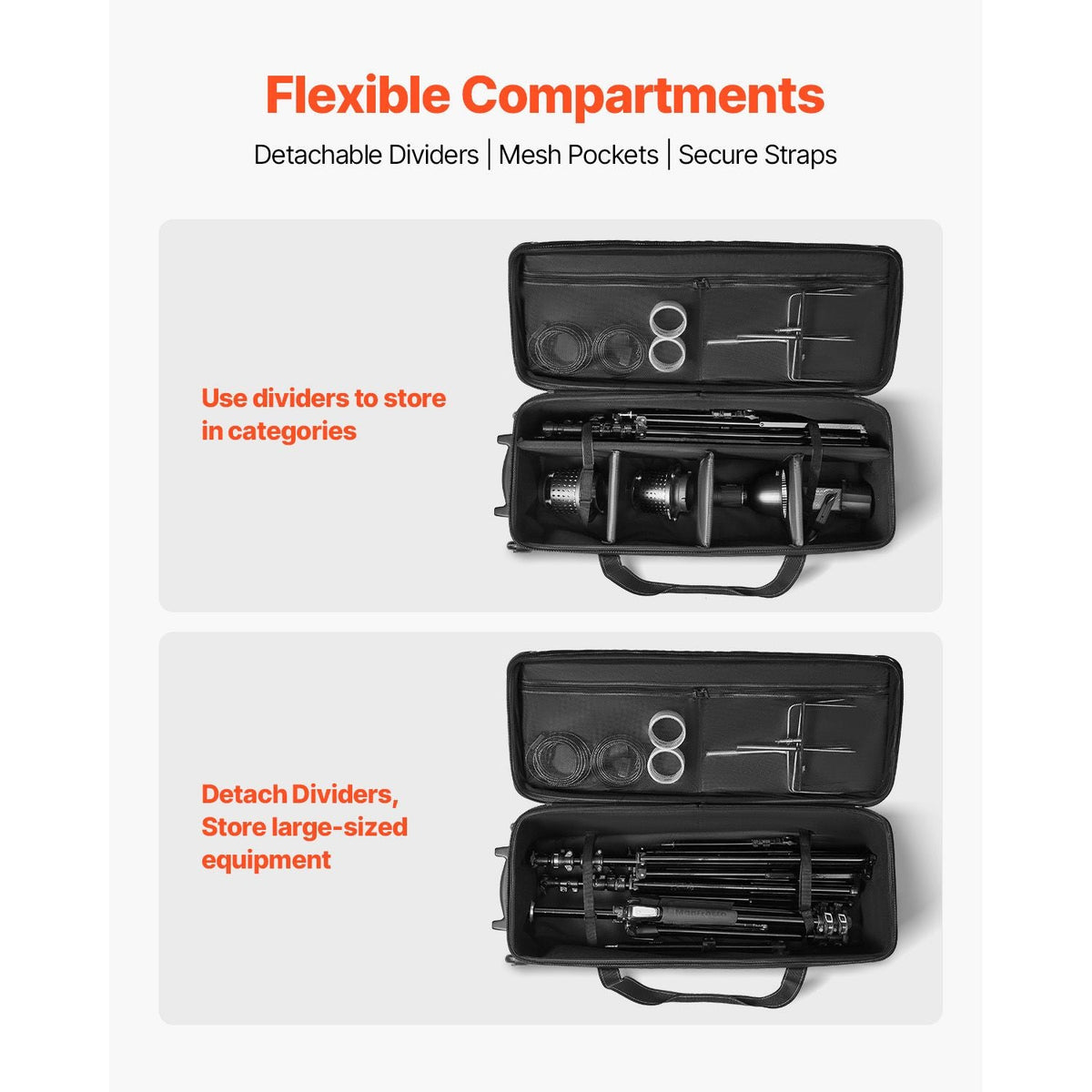 Studio Equipment Trolley Case, 35.83 x 11.81 x 14 in / 91 x 30 x 35.5 cm, Rolling Camera Bag, Carrying Bag with Wheels Straps Padded Compartment Handle, for Light Stands, Tripods, Telescopes
