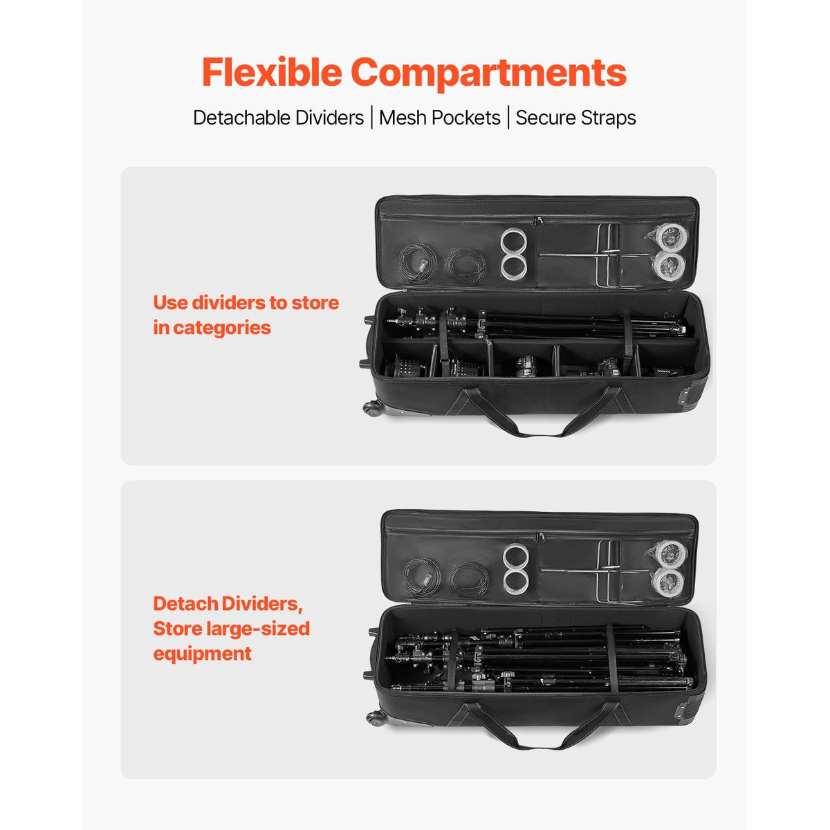Studio Equipment Trolley Case, 39.37 x 14.96 x 12.60 in / 100 x 38 x 32 cm, Rolling Camera Bag, Carrying Bag with Wheels Straps Padded Compartment Handle, for Light Stands, Tripods, Telescopes