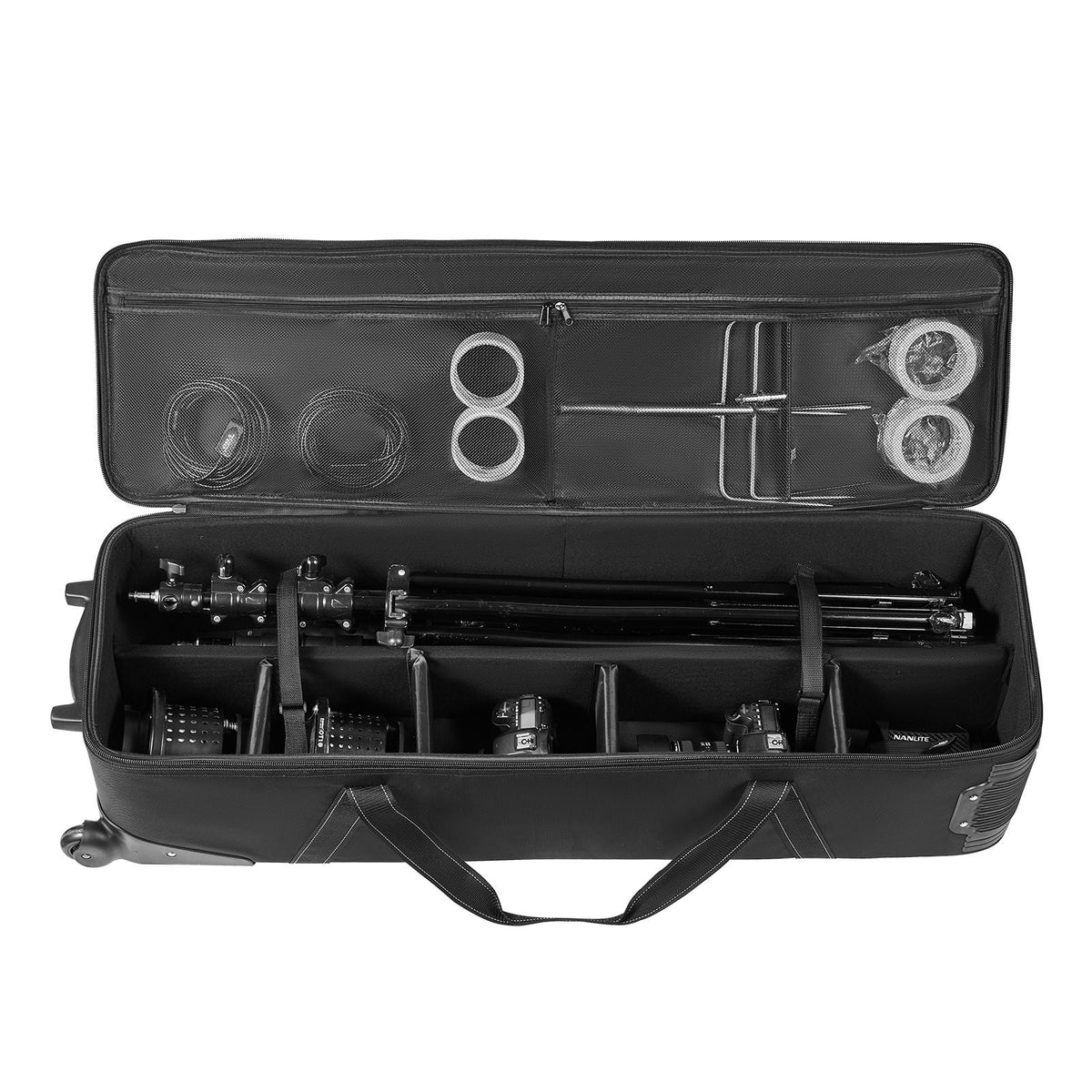 Studio Equipment Trolley Case, 39.37 x 14.96 x 12.60 in / 100 x 38 x 32 cm, Rolling Camera Bag, Carrying Bag with Wheels Straps Padded Compartment Handle, for Light Stands, Tripods, Telescopes