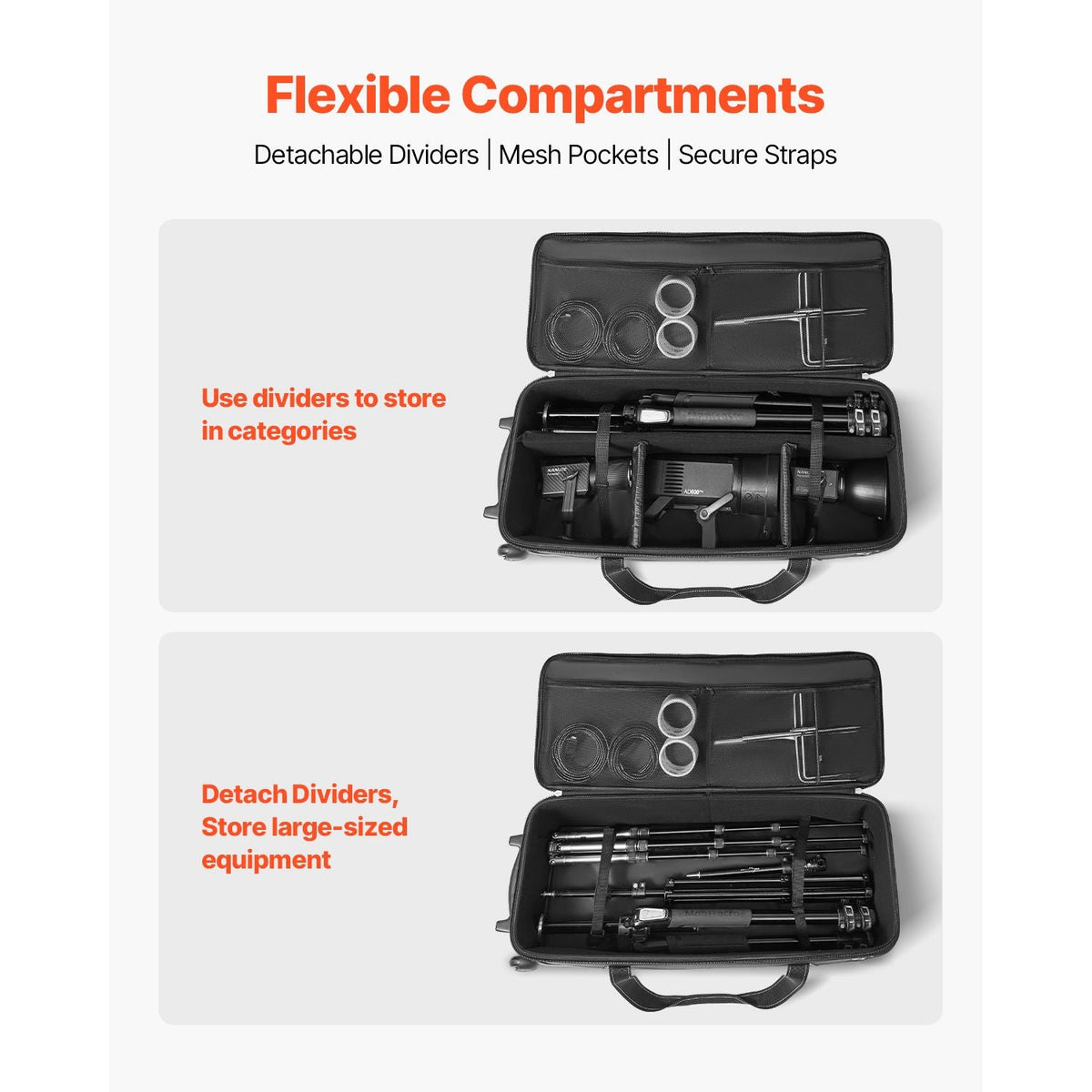 Studio Equipment Trolley Case, 46.46 x 14.57 x 11.81 in / 118 x 37 x 30 cm, Rolling Camera Bag, Carrying Bag with Wheels Straps Padded Compartment Handle, for Light Stands, Tripods, Telescopes