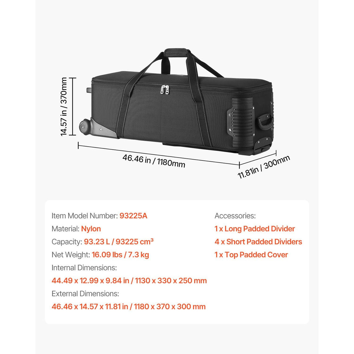 Studio Equipment Trolley Case, 46.46 x 14.57 x 11.81 in / 118 x 37 x 30 cm, Rolling Camera Bag, Carrying Bag with Wheels Straps Padded Compartment Handle, for Light Stands, Tripods, Telescopes