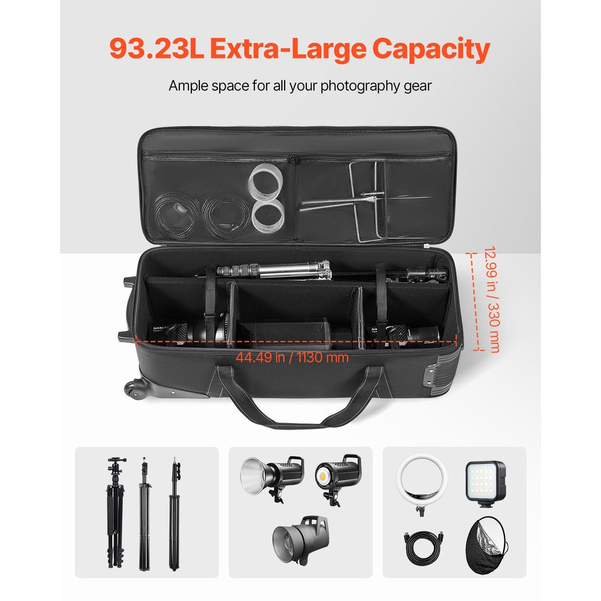 Studio Equipment Trolley Case, 46.46 x 14.57 x 11.81 in / 118 x 37 x 30 cm, Rolling Camera Bag, Carrying Bag with Wheels Straps Padded Compartment Handle, for Light Stands, Tripods, Telescopes