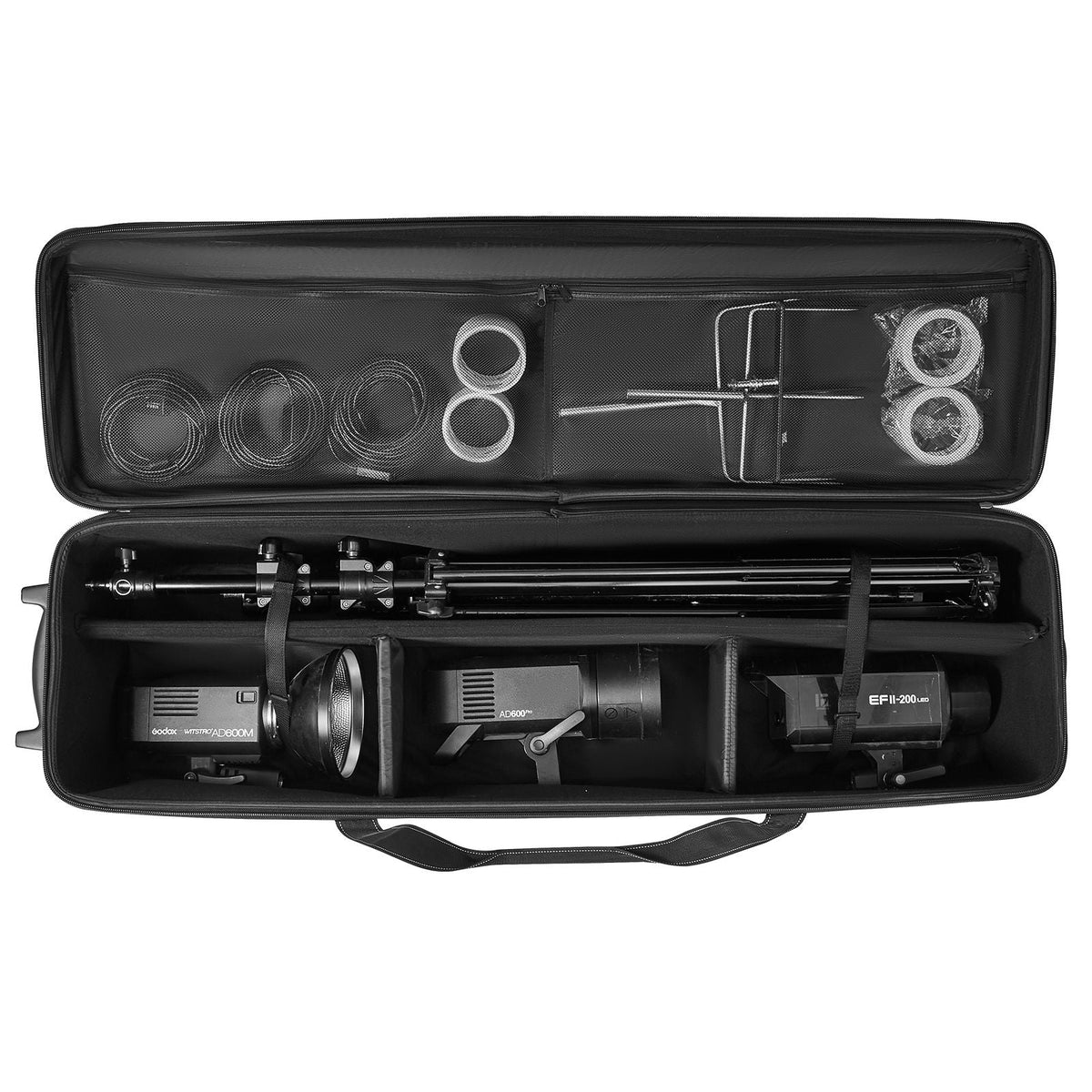 Studio Equipment Trolley Case, 51.57 x 14.37 x 14.96 in / 131 x 36.5 x 38 cm, Rolling Camera Bag, Carrying Bag with Wheels Straps Padded Compartment Handle, for Light Stands, Tripods, Telescopes