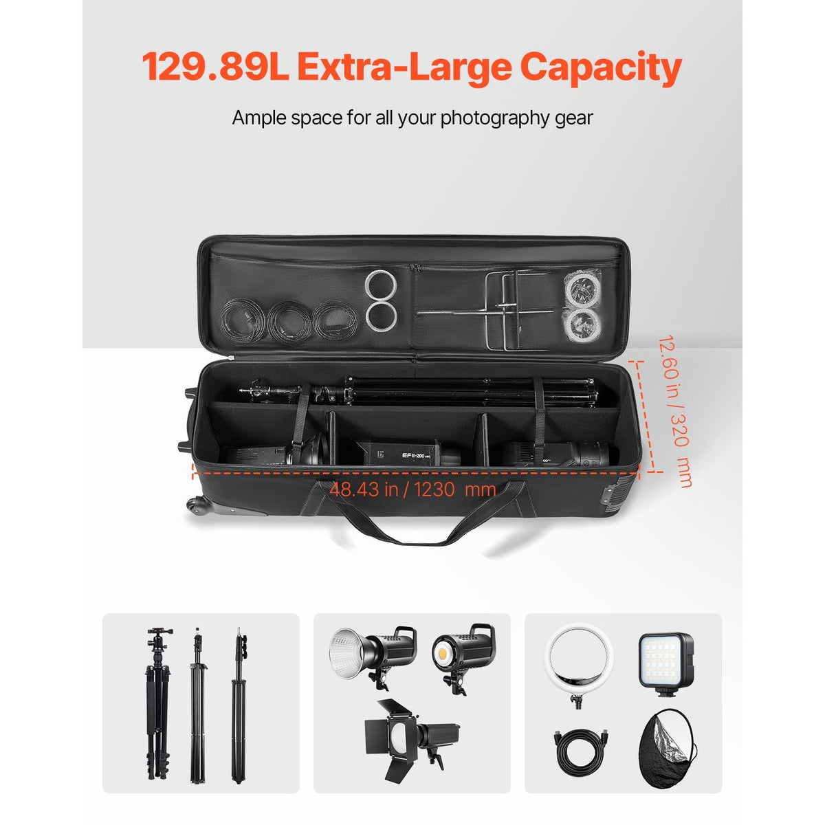 Studio Equipment Trolley Case, 51.57 x 14.37 x 14.96 in / 131 x 36.5 x 38 cm, Rolling Camera Bag, Carrying Bag with Wheels Straps Padded Compartment Handle, for Light Stands, Tripods, Telescopes