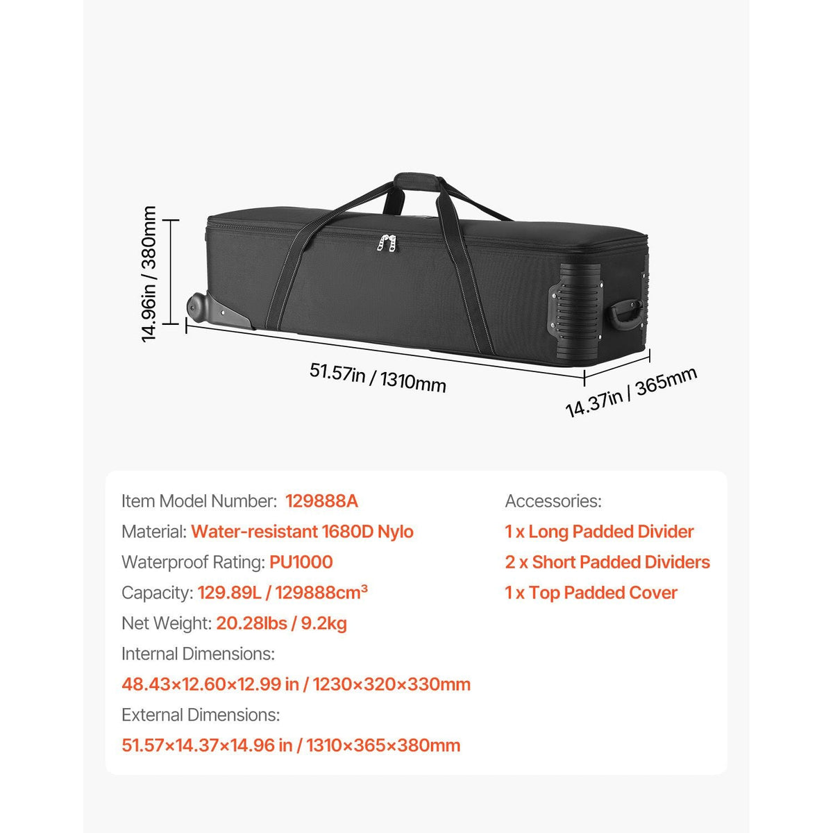 Studio Equipment Trolley Case, 51.57 x 14.37 x 14.96 in / 131 x 36.5 x 38 cm, Rolling Camera Bag, Carrying Bag with Wheels Straps Padded Compartment Handle, for Light Stands, Tripods, Telescopes