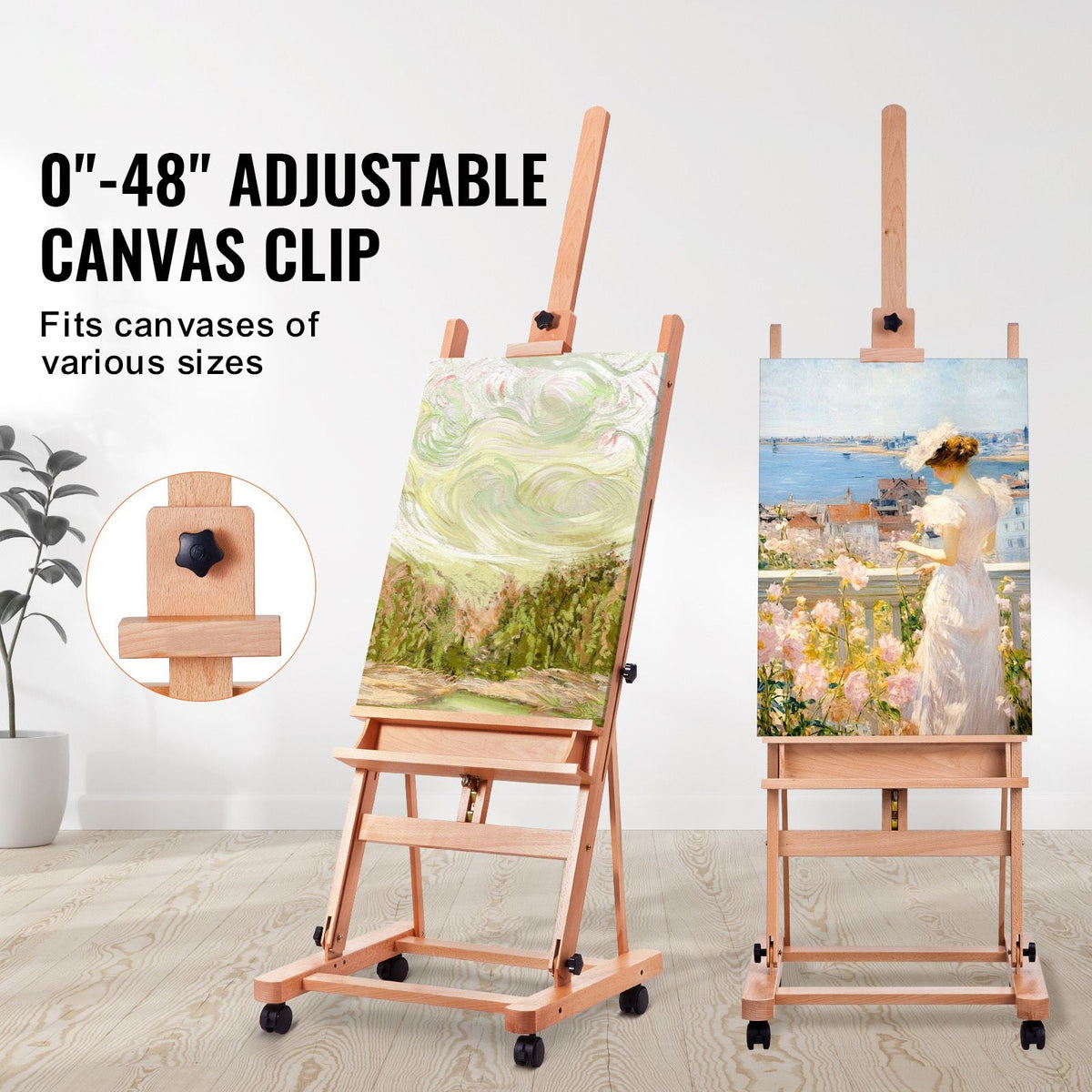 Studio H-Frame Easel, Holds Canvas Art up to 48", Beechwood Artists Easel for Painting with Wheels and Large Storage Tray, 33 lbs Load Capacity Studio Easel, Adjustable Art Painting Easel
