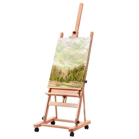 Studio H-Frame Easel, Holds Canvas Art up to 48", Beechwood Artists Easel for Painting with Wheels and Large Storage Tray, 33 lbs Load Capacity Studio Easel, Adjustable Art Painting Easel