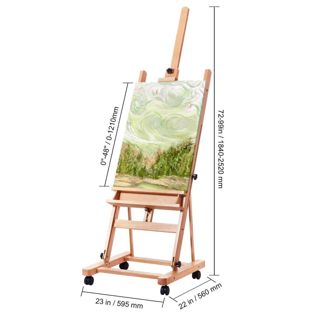 Studio H-Frame Easel, Holds Canvas Art up to 48", Beechwood Artists Easel for Painting with Wheels and Large Storage Tray, 33 lbs Load Capacity Studio Easel, Adjustable Art Painting Easel