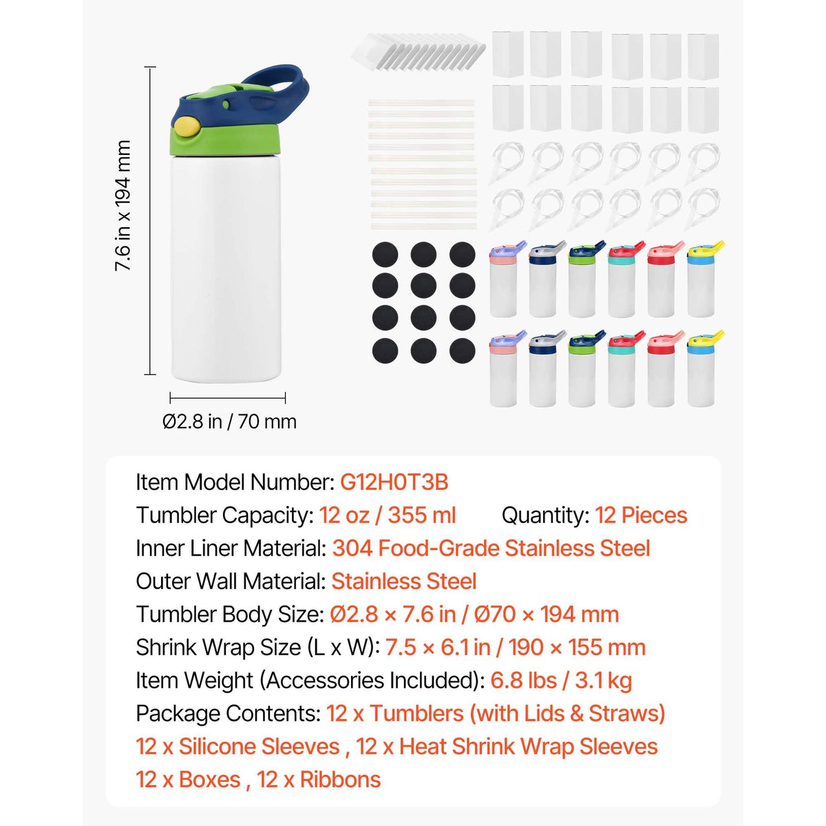 Sublimation Tumblers, 12 Pack, 12 oz Kids Sublimation Water Bottles, Food-Grade Stainless Steel Cups with Lids and Straws, Double Wall Insulated Tumbler Blank, for DIY Personalized Customization
