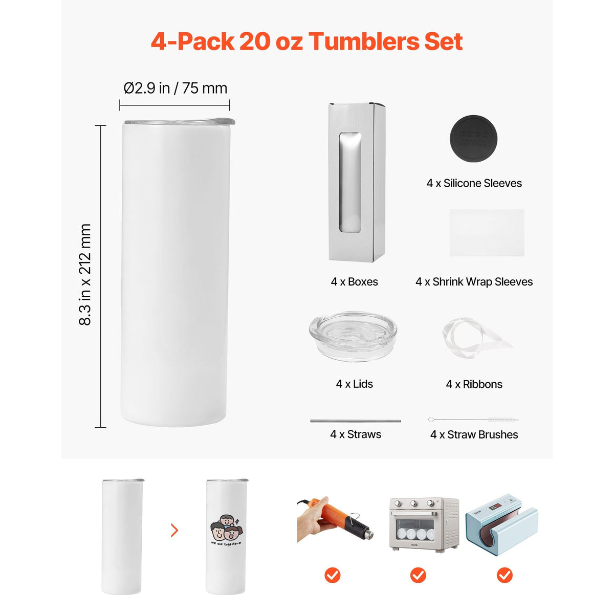 Sublimation Tumblers, 4 Pack, 20 oz Skinny Straight Tumblers Bulk, Stainless Steel Sublimation Cups with Lids and Straws, Double Wall Insulated Tumbler Blank, for DIY Personalized Customization