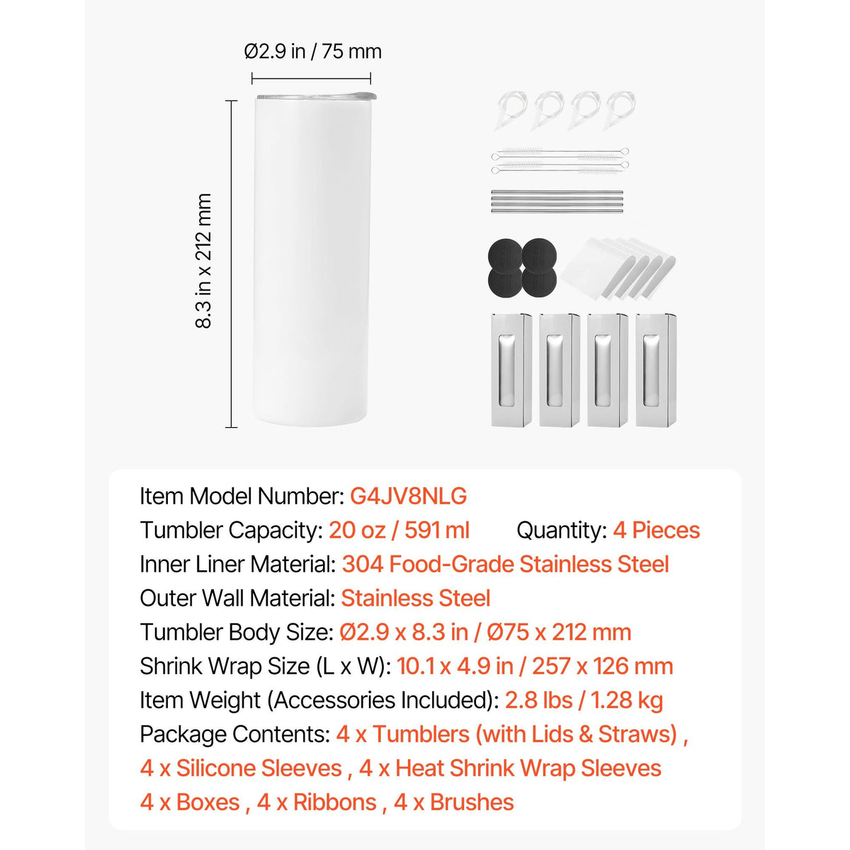 Sublimation Tumblers, 4 Pack, 20 oz Skinny Straight Tumblers Bulk, Stainless Steel Sublimation Cups with Lids and Straws, Double Wall Insulated Tumbler Blank, for DIY Personalized Customization